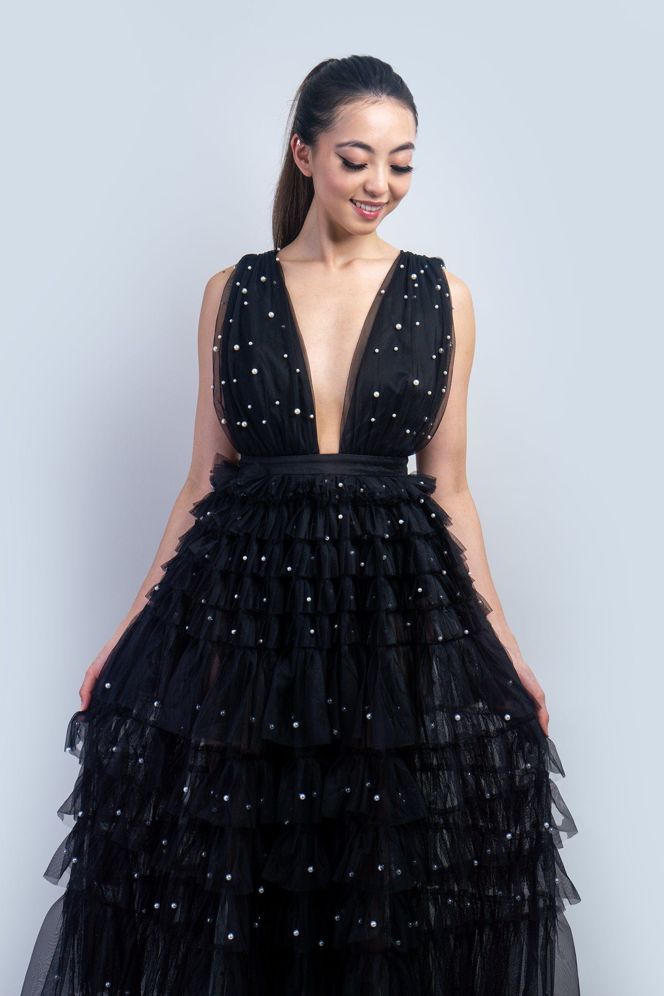 DCD DRESSES Black Deep V Tulle Ruffle Maxi Dress w/ Pearls