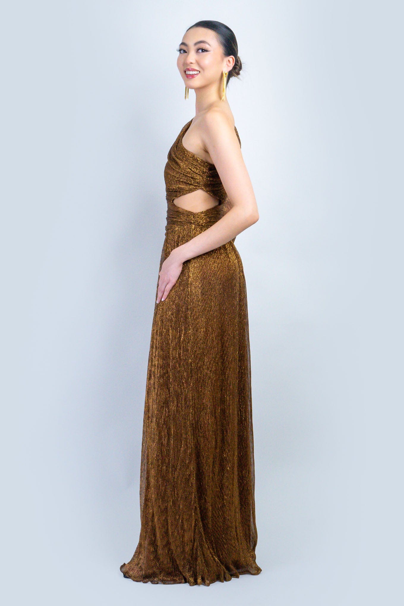 DCD DRESSES Bronze Lurex Asymmetric Cut Out Gown