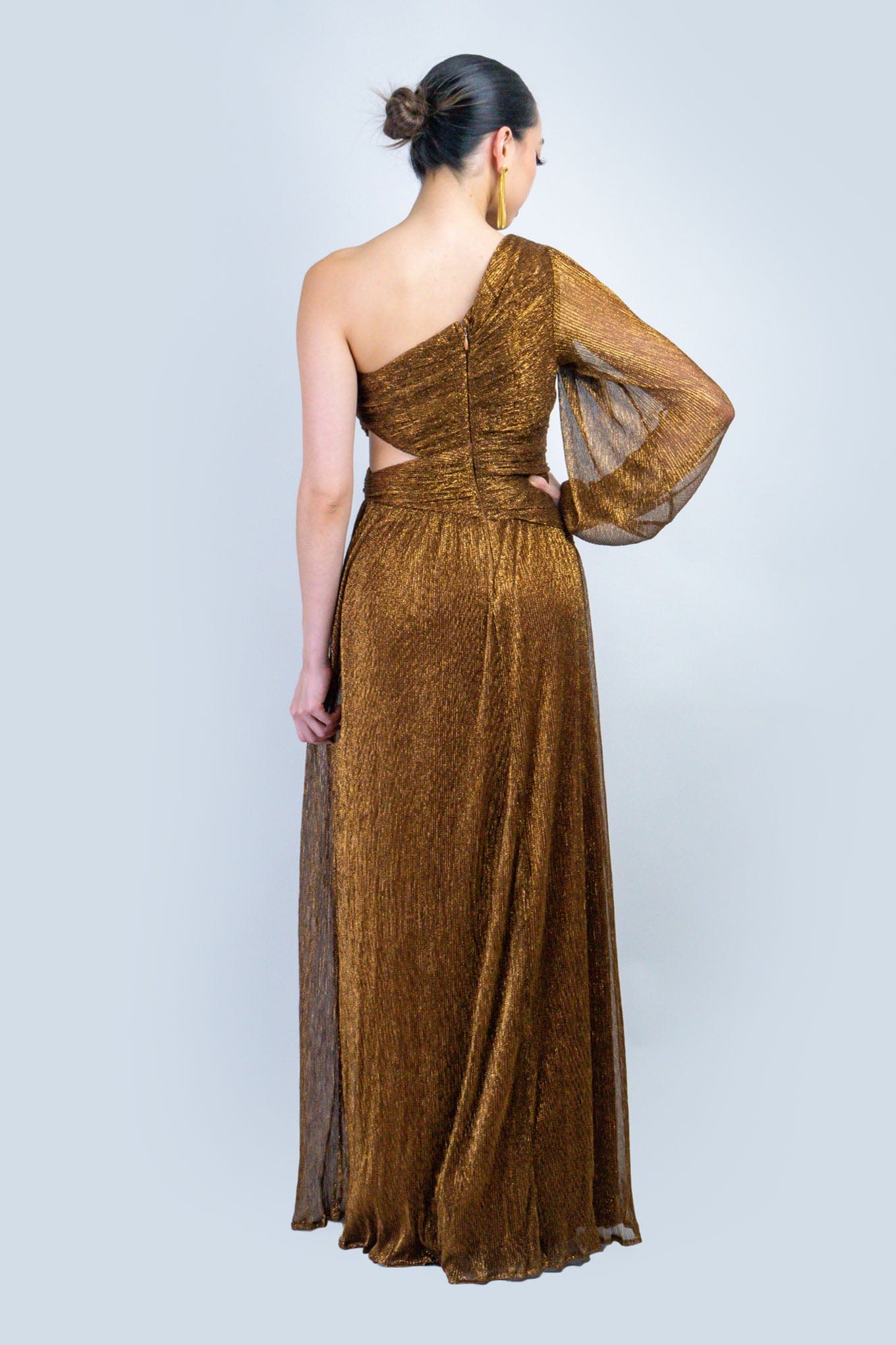 DCD DRESSES Bronze Lurex Asymmetric Cut Out Gown