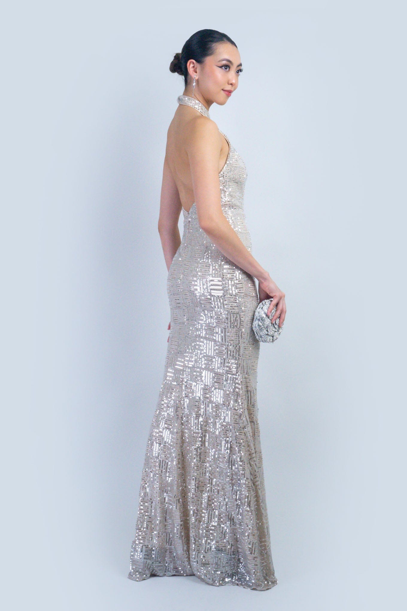 DCD DRESSES Ivory and Silver Halter Sequin Gown