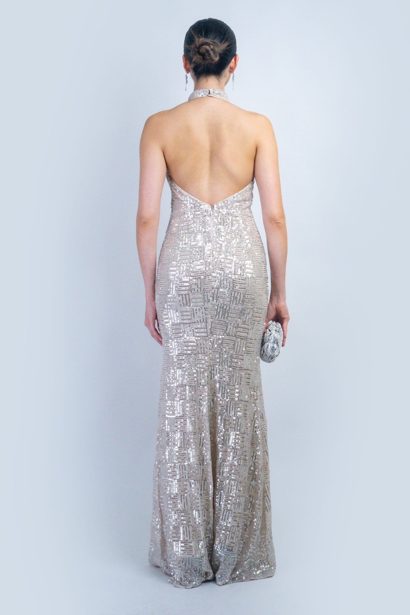 DCD DRESSES Ivory and Silver Halter Sequin Gown