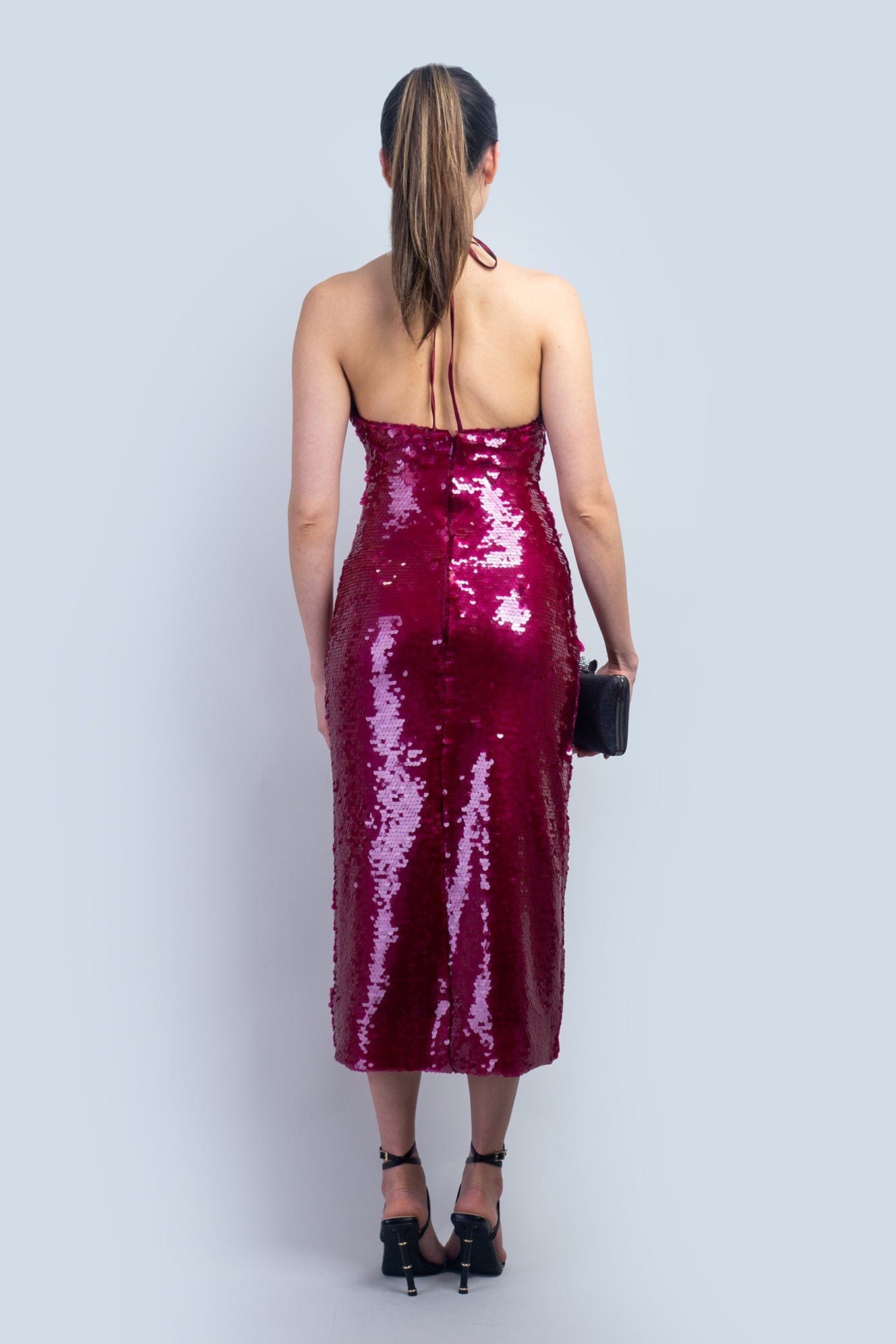 DCD DRESSES Wine Sequin Halter Midi Dress