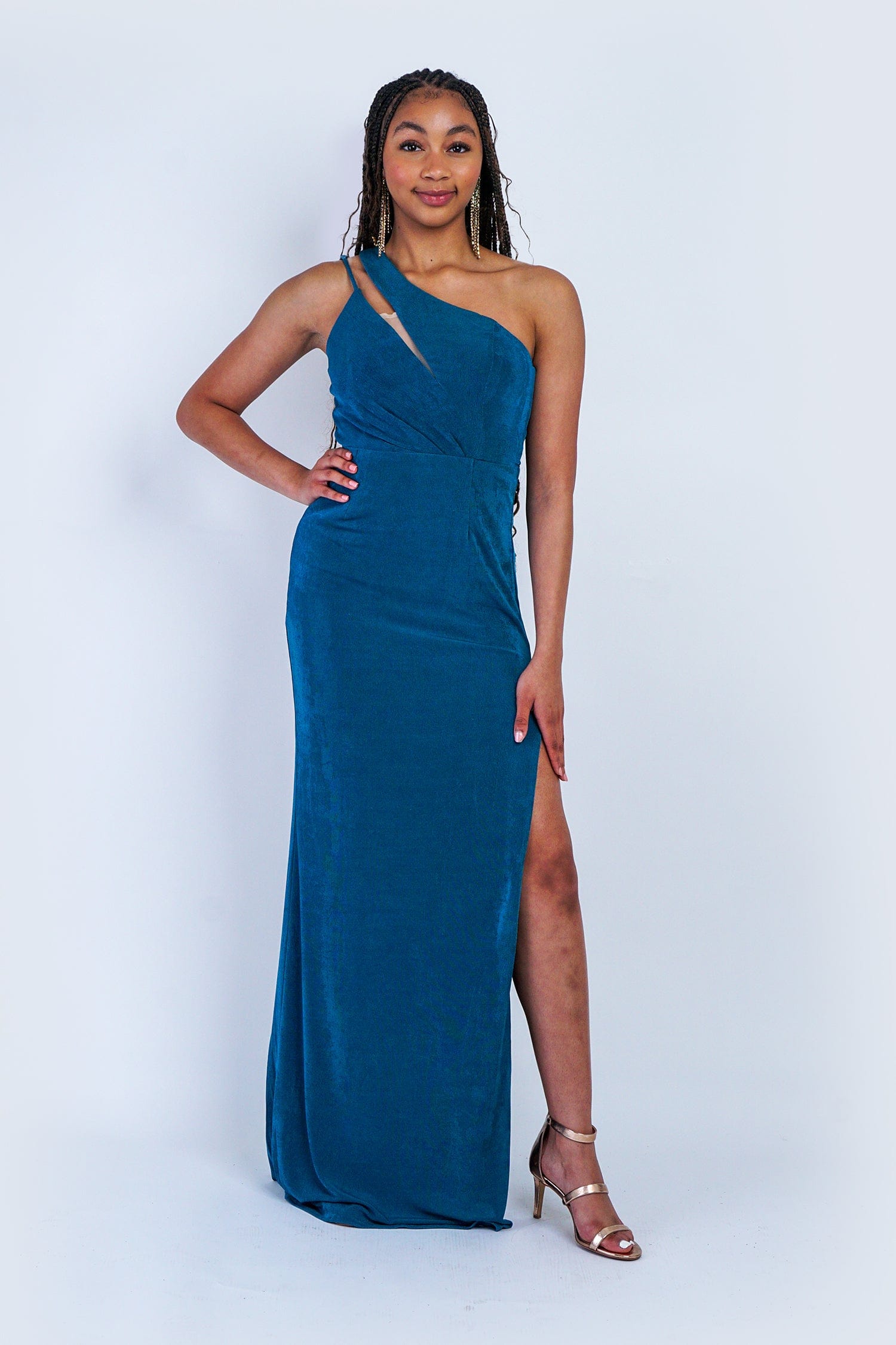 DCD Deep Teal One Shoulder Fitted Knit Gown S