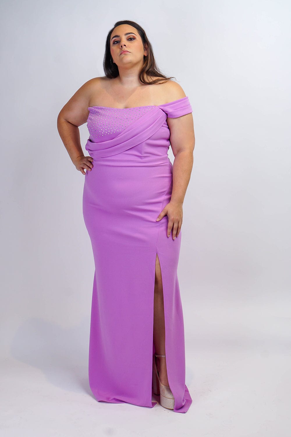 DCD GOWNS Plus Lavender One Shoulder Drape with Rhinestone Gown