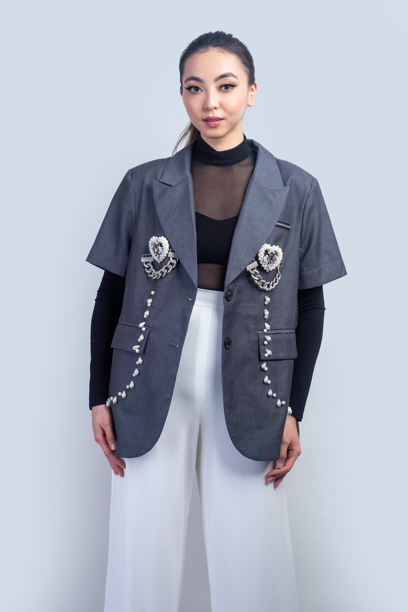 DCD JACKETS Grey White Crochet Heart Charm Jacket