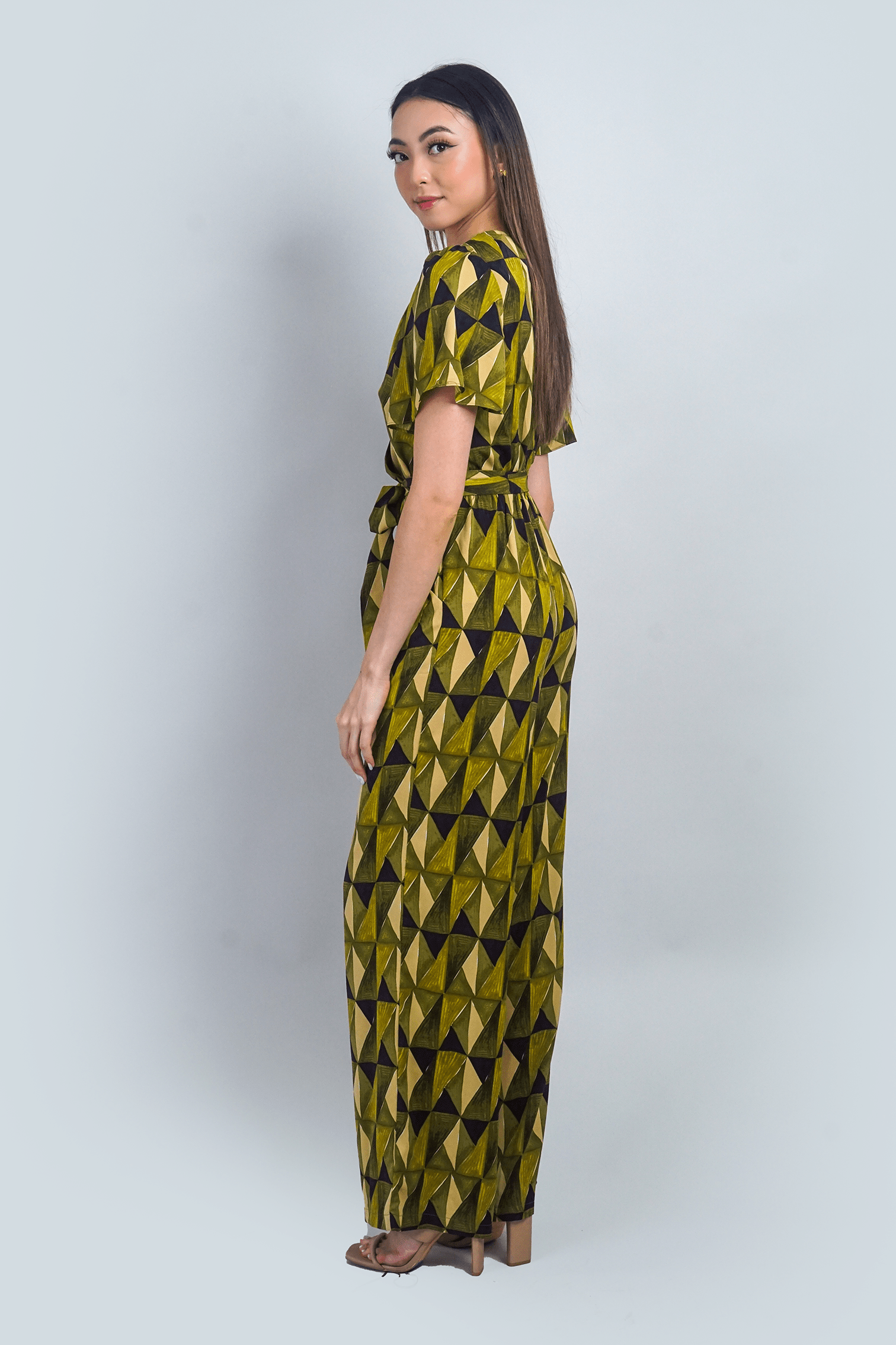 DCD JUMPSUITS Citron Green Abstract Print Flutter Sleeve Jumpsuit