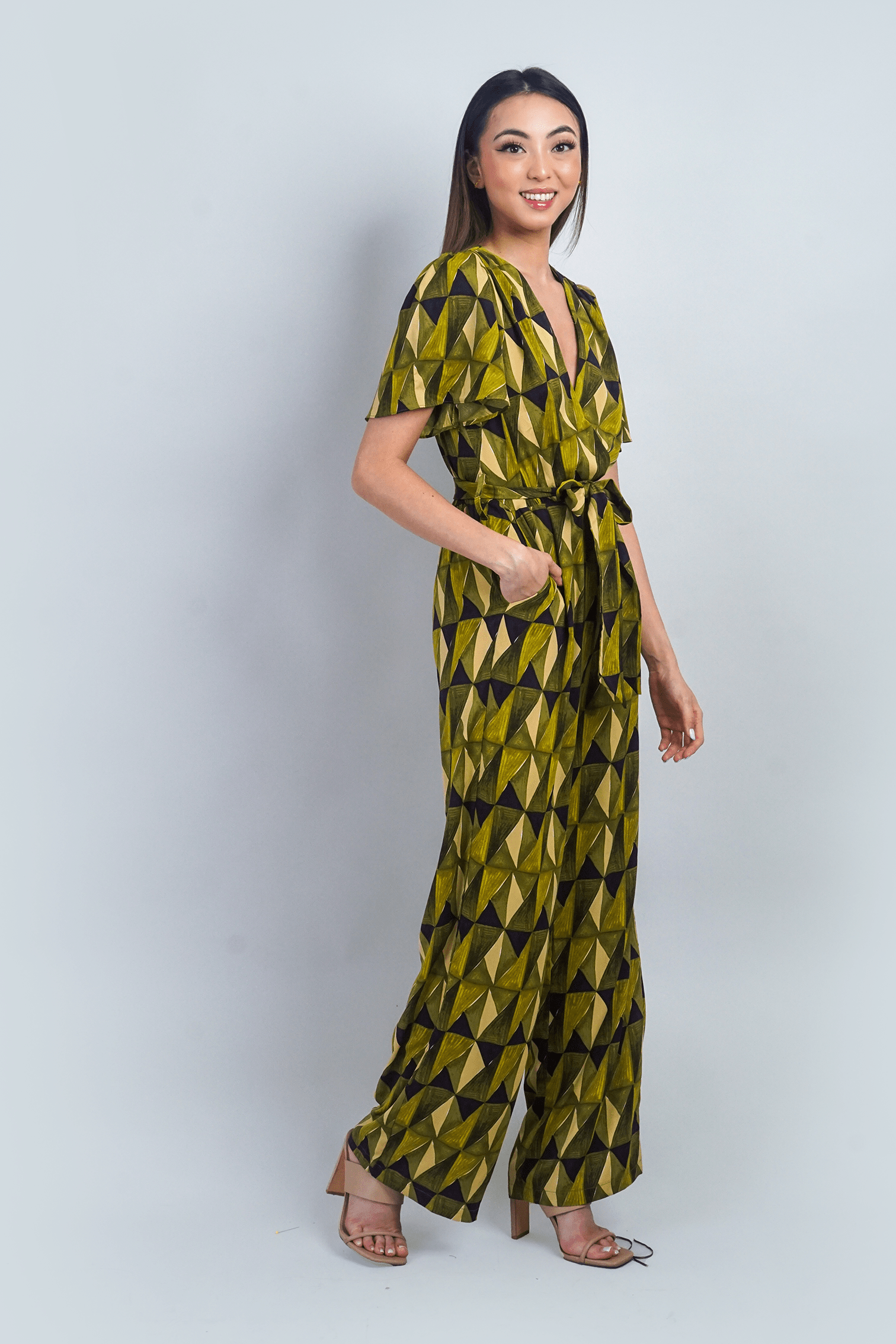 DCD JUMPSUITS Citron Green Abstract Print Flutter Sleeve Jumpsuit