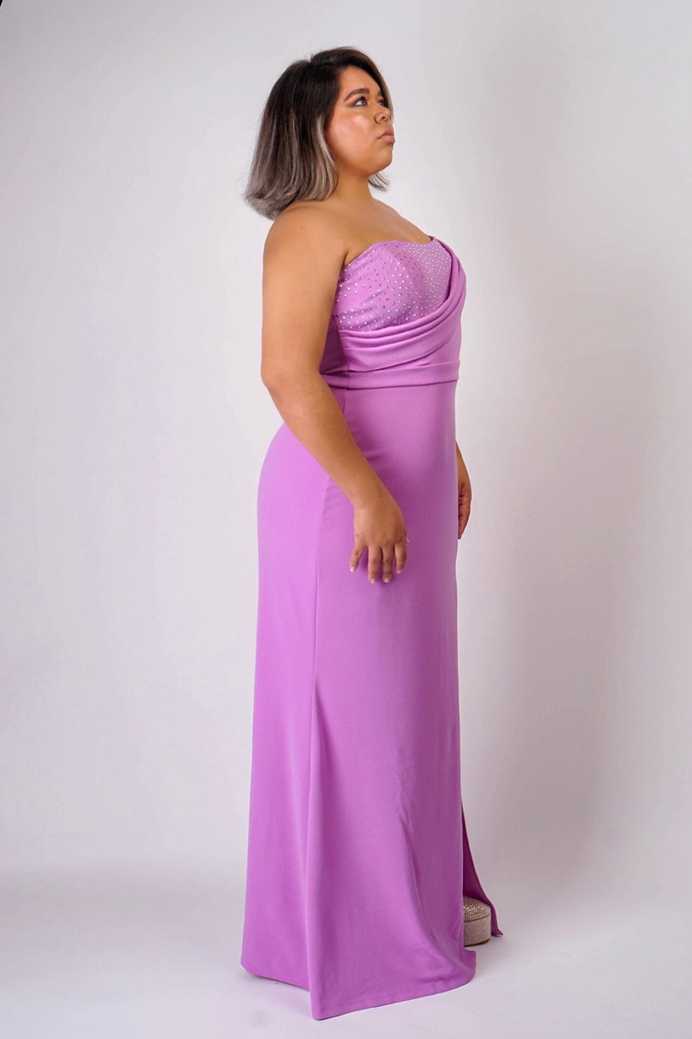 DCD GOWNS Plus Lavender One Shoulder Drape with Rhinestone Gown