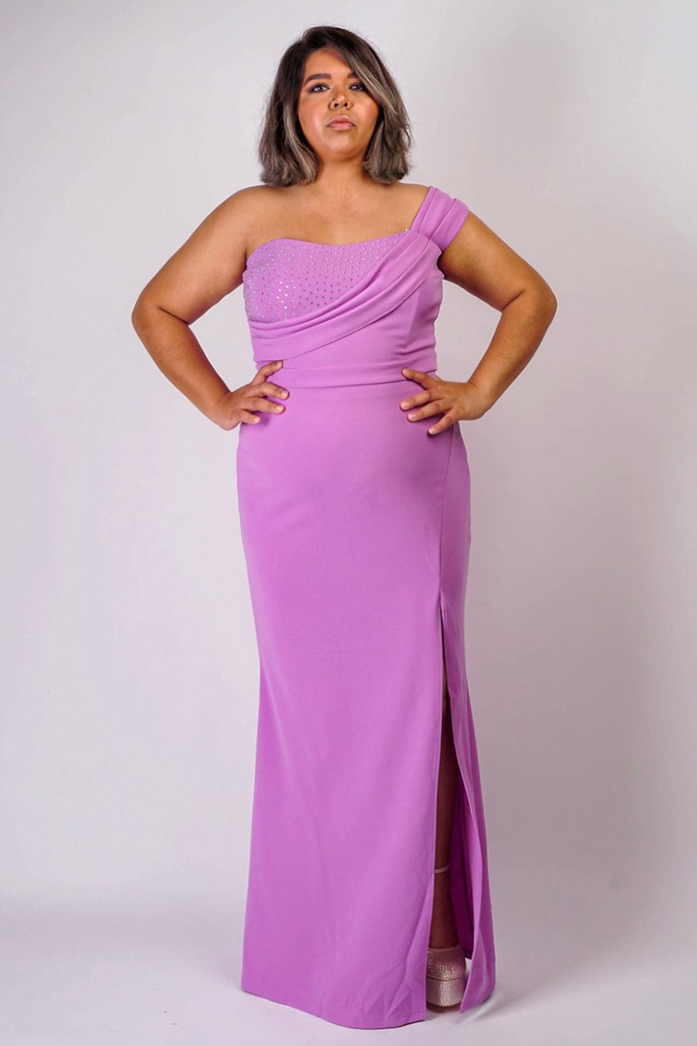 DCD GOWNS Plus Lavender One Shoulder Drape with Rhinestone Gown