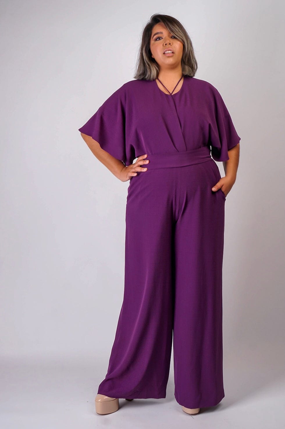 DCD JUMPSUITS & ROMPERS Egg Plants Pleated Wrap Necee Jumpsuit