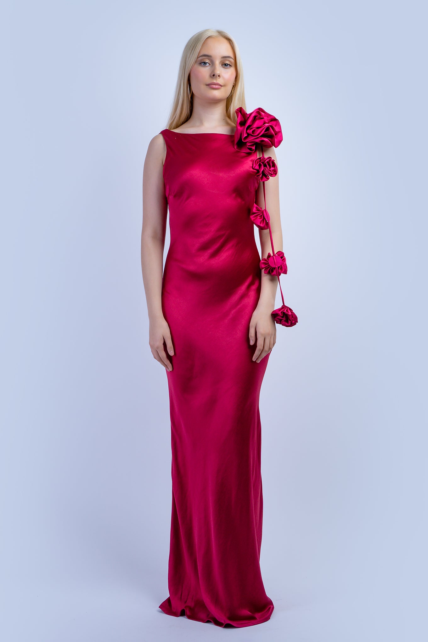 Berry Bateau Flowers Back Cowl Gown