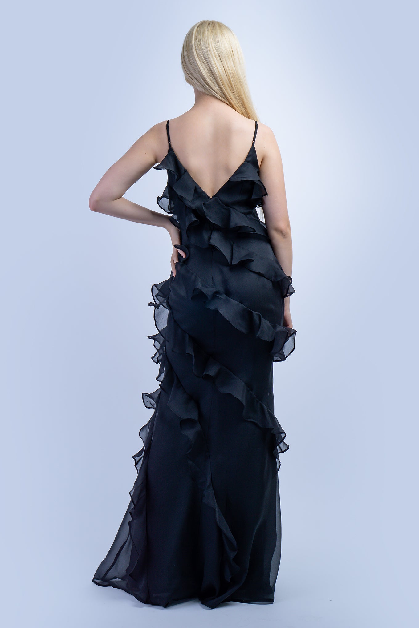 Black Spiral Ruffle Chiffon Gown