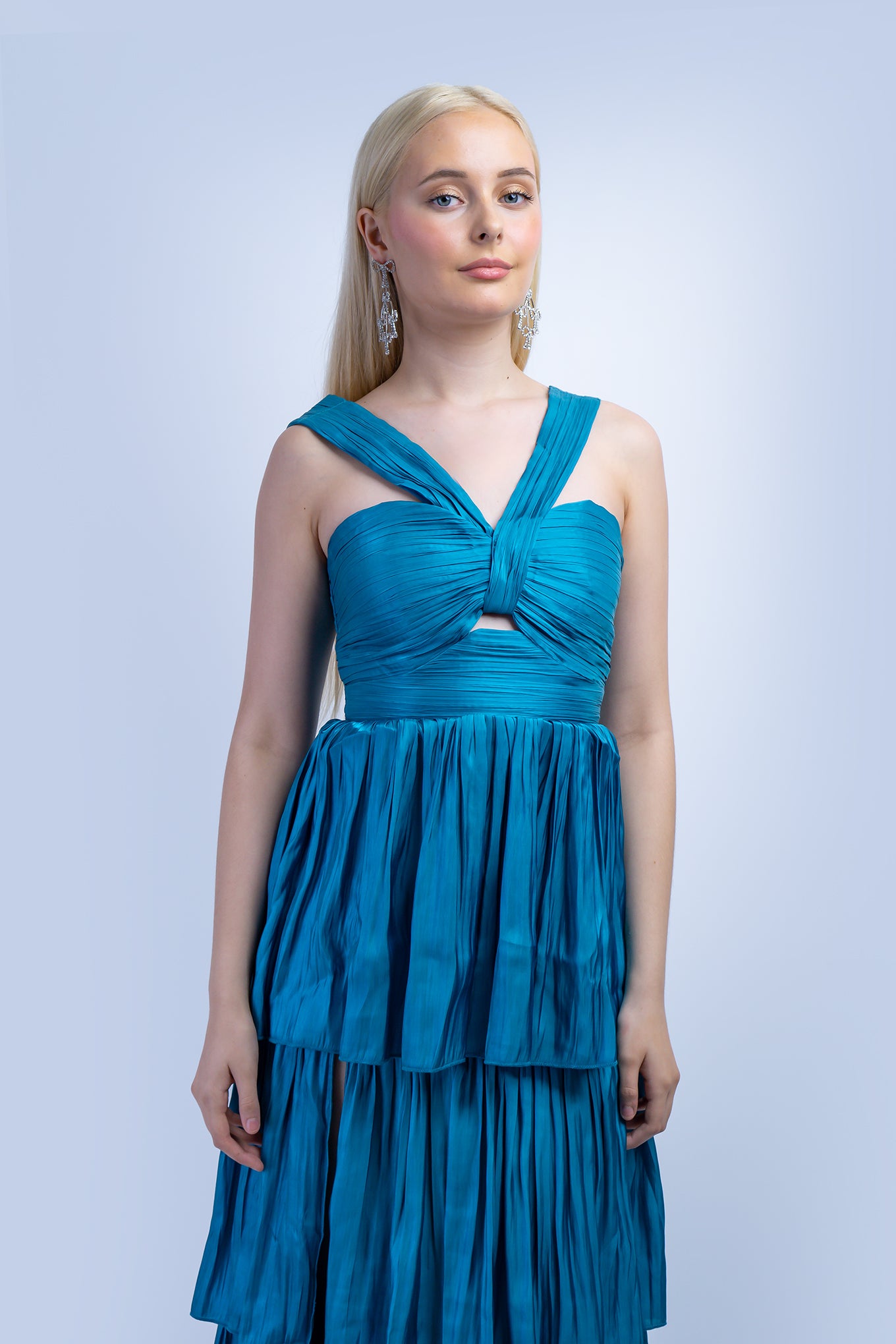 Teal Iridescent Halter Shirred Gown