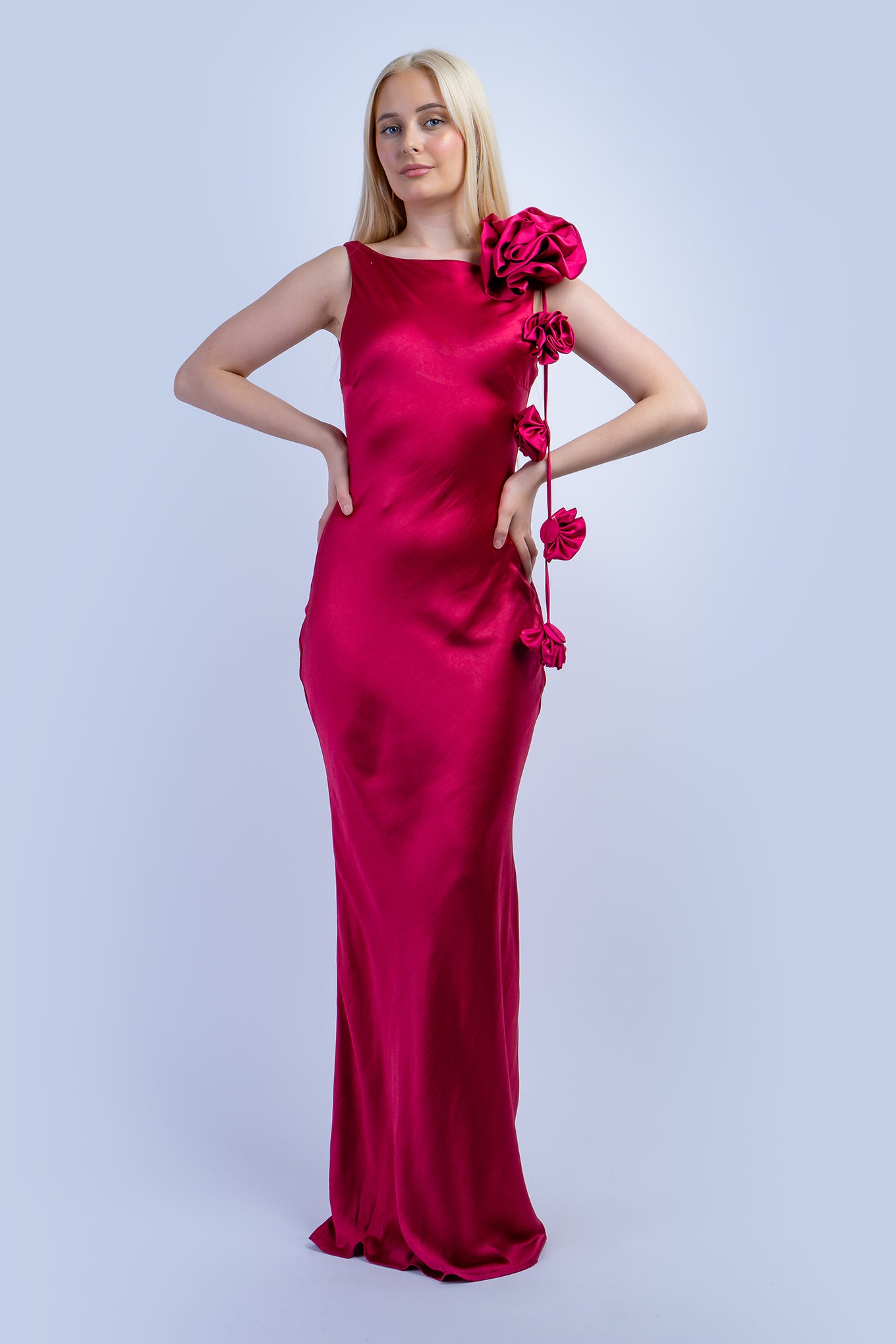 Berry Bateau Flowers Back Cowl Gown