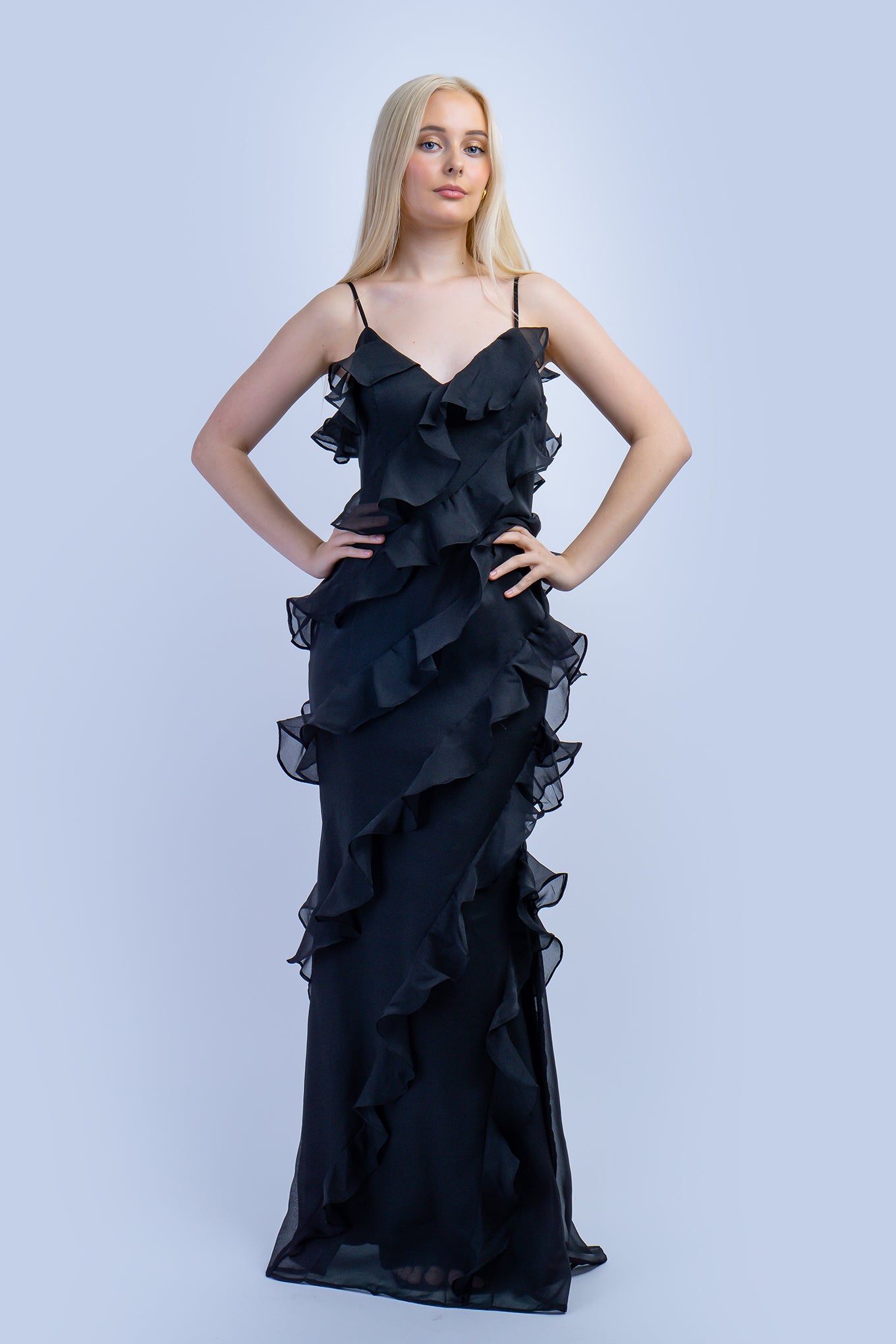 Black Spiral Ruffle Chiffon Gown