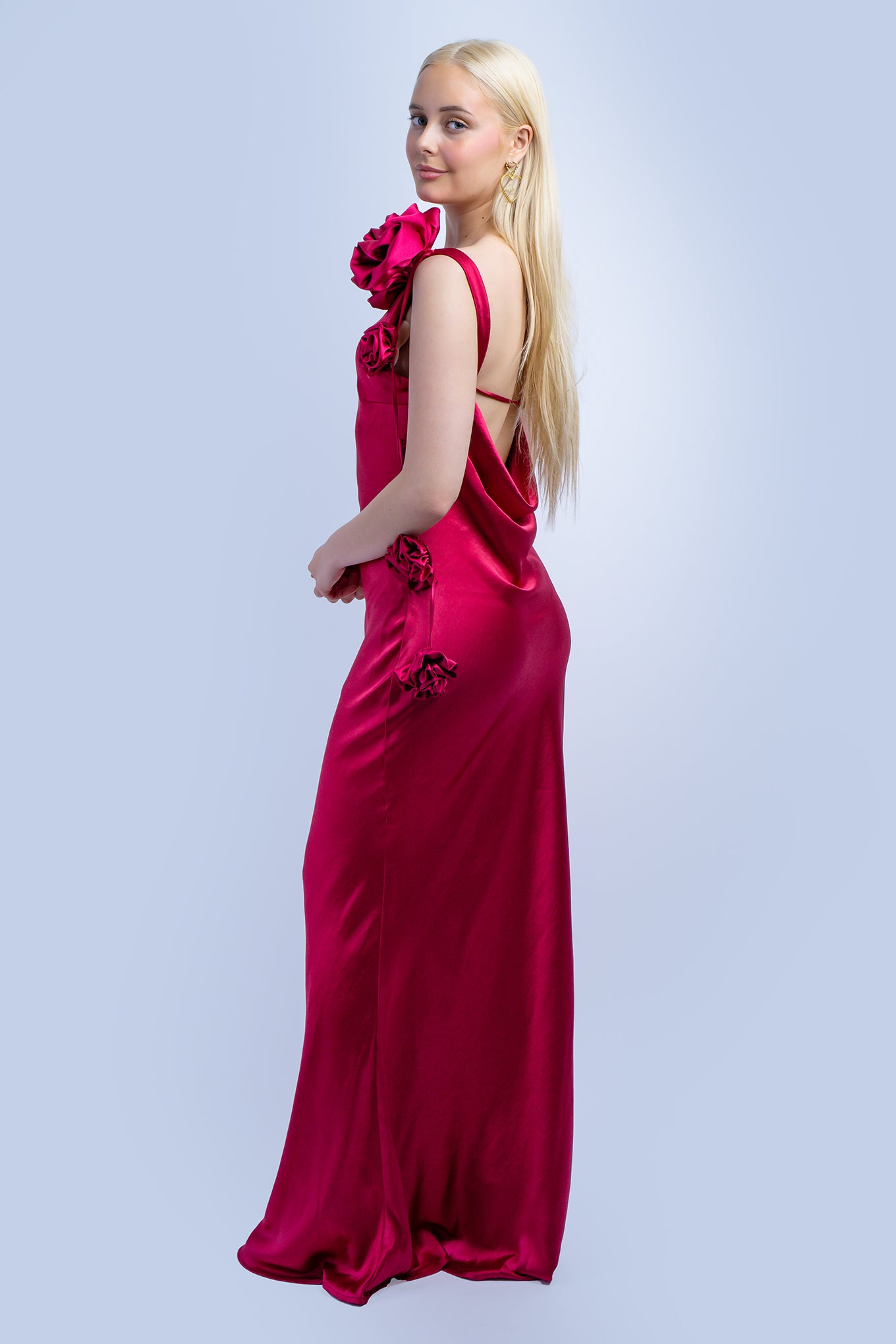 Berry Bateau Flowers Back Cowl Gown