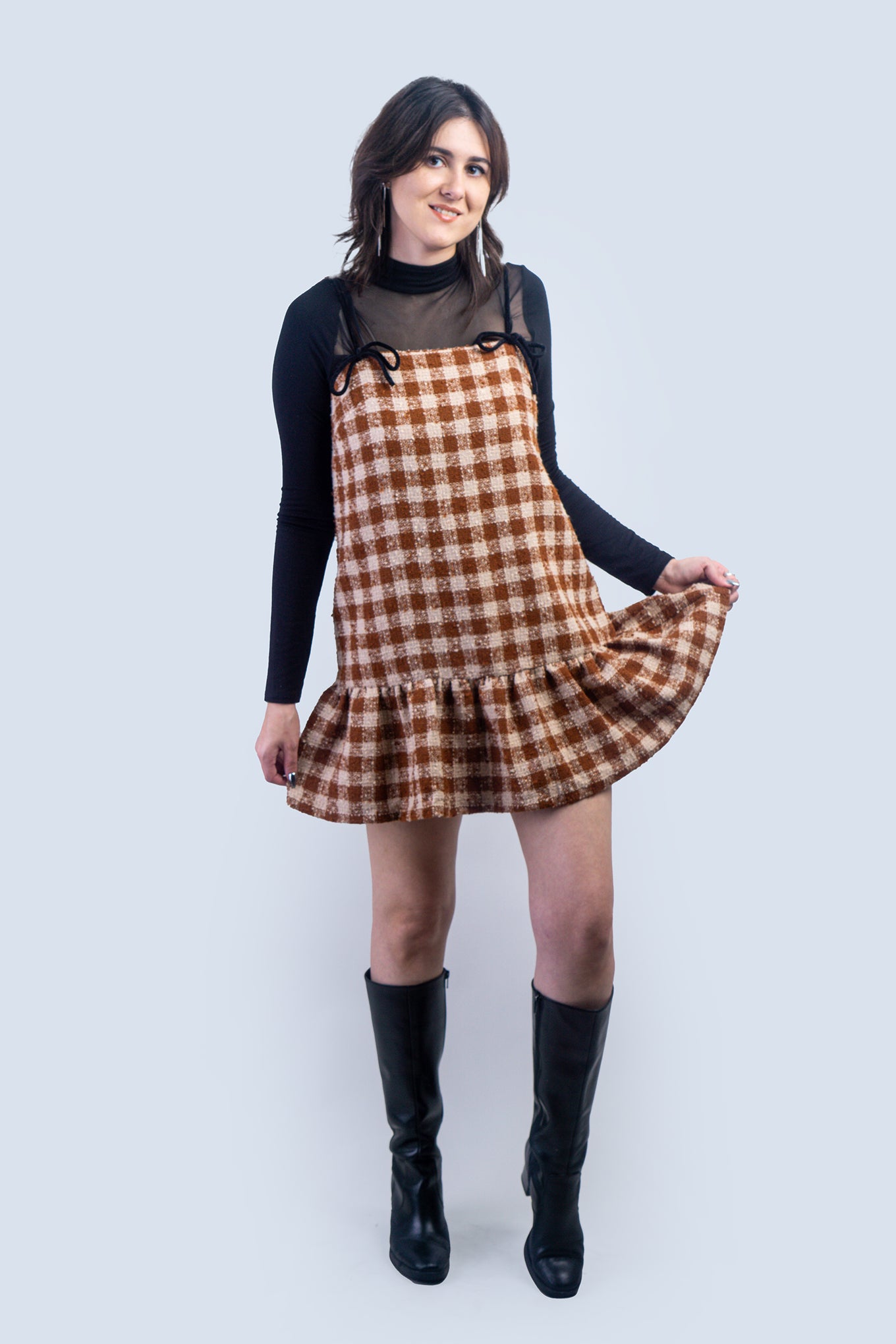 Cognac Velvet Bow Trim Tweed Mini Dress