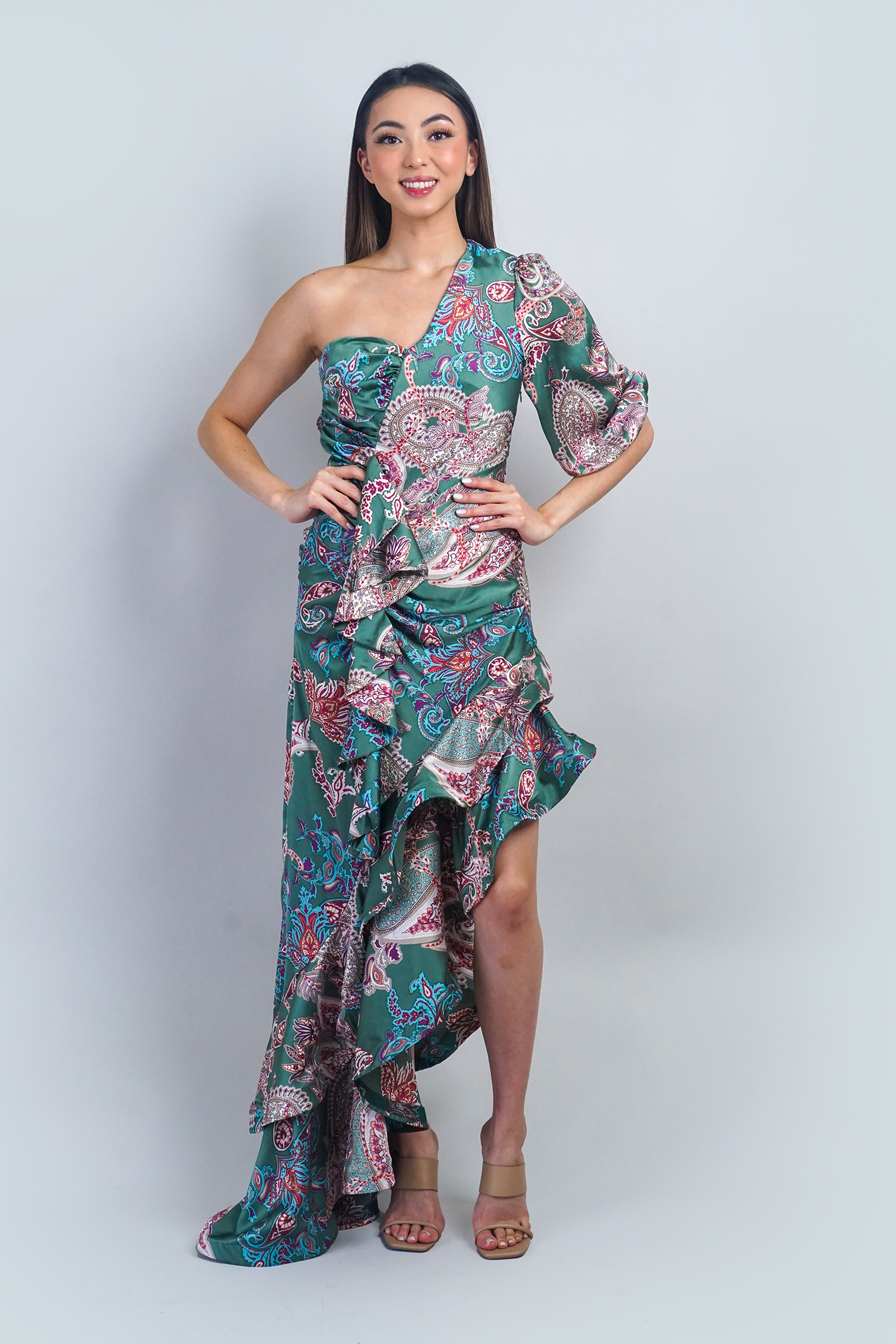 Paisley One Shoulder Ruffle Maxi Dress