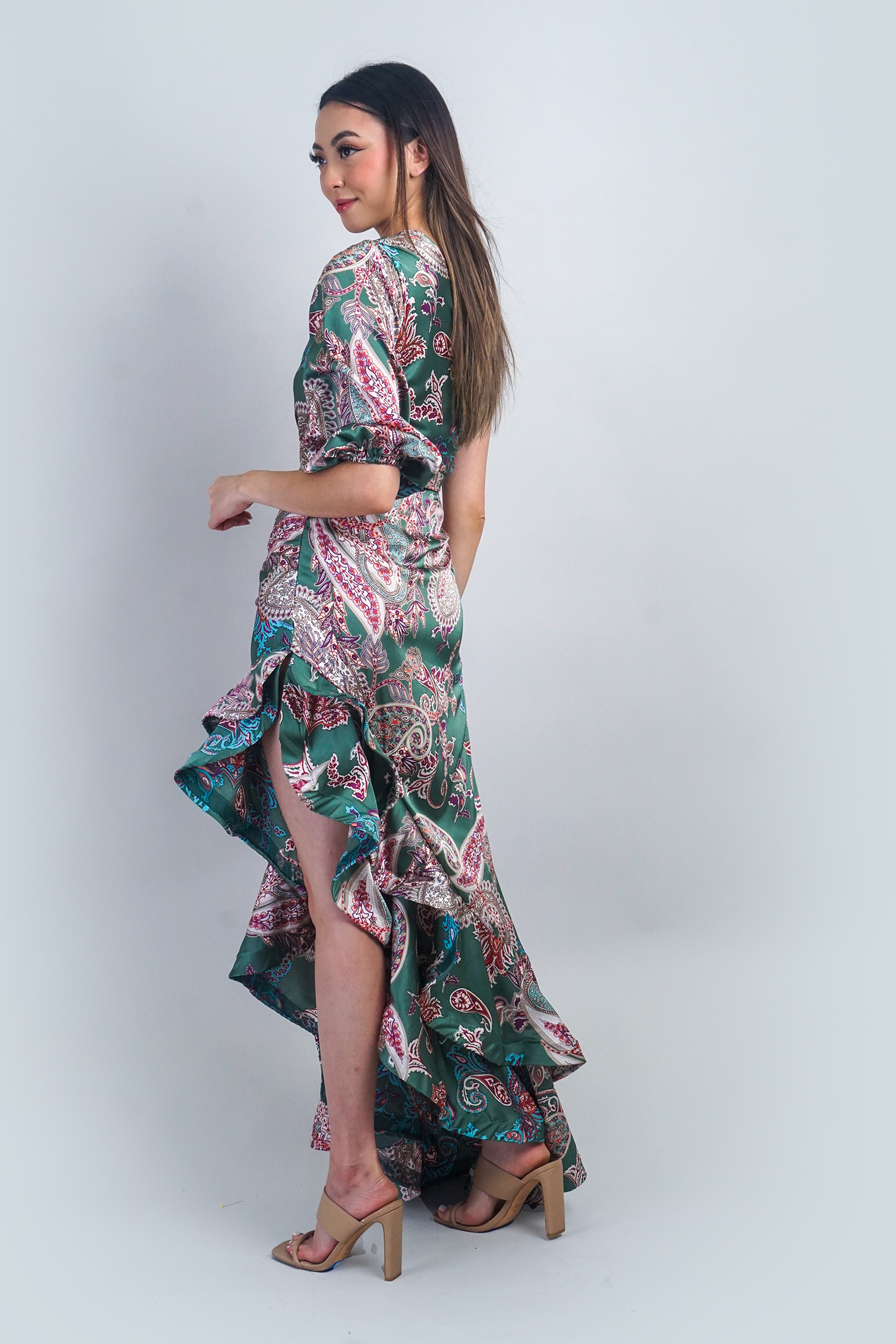 Paisley One Shoulder Ruffle Maxi Dress