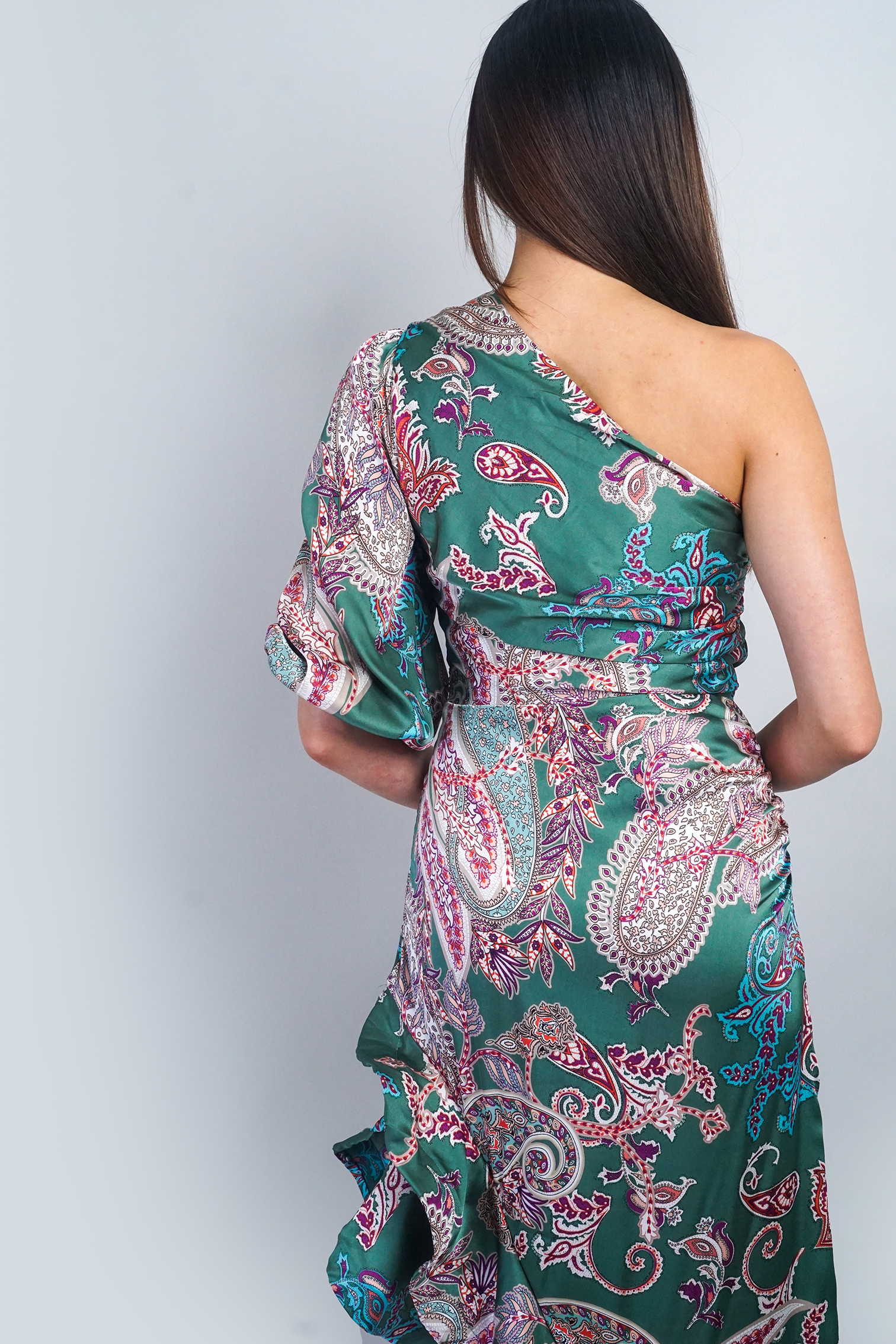 Paisley One Shoulder Ruffle Maxi Dress