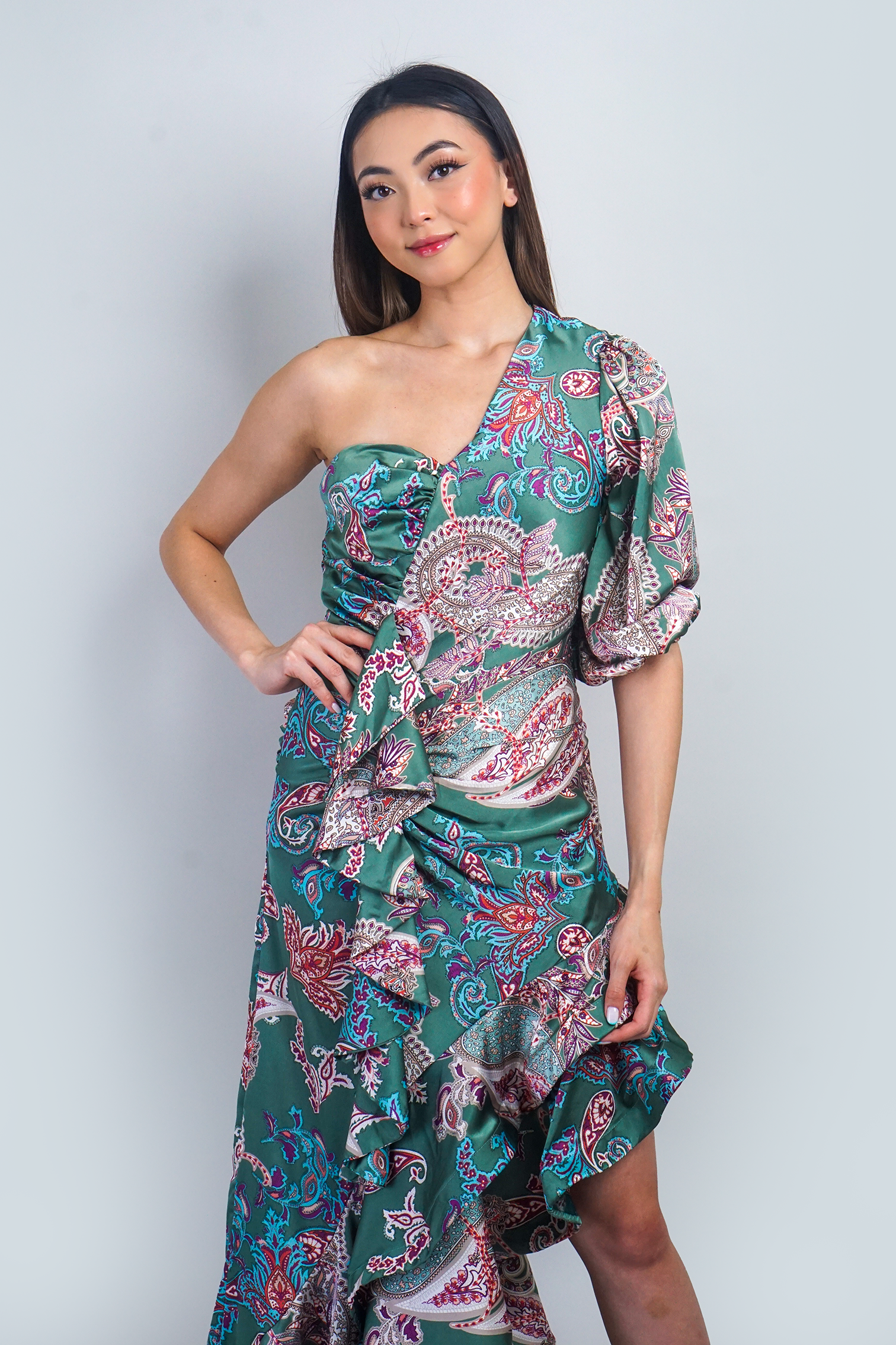 Paisley One Shoulder Ruffle Maxi Dress