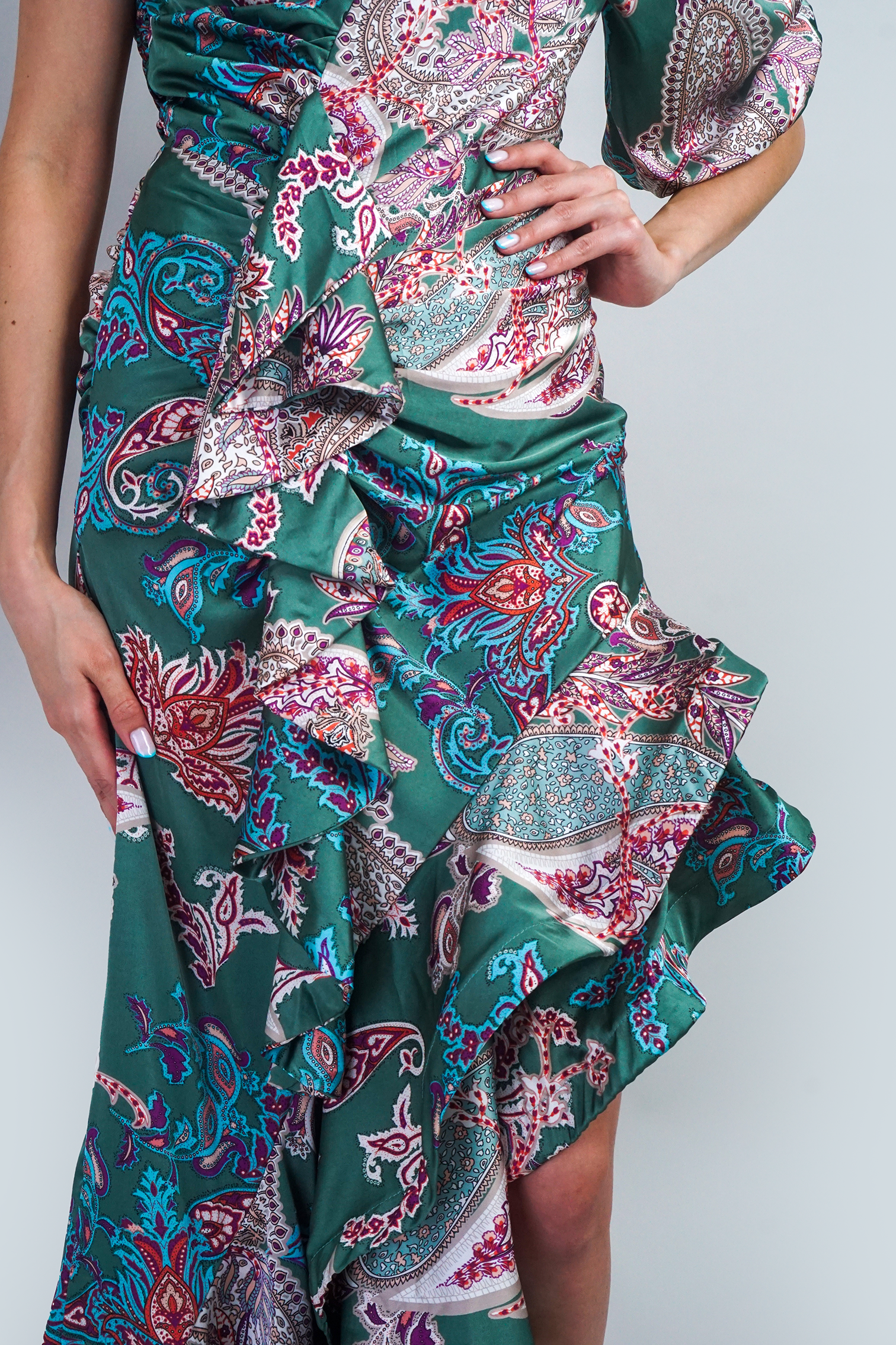 Paisley One Shoulder Ruffle Maxi Dress