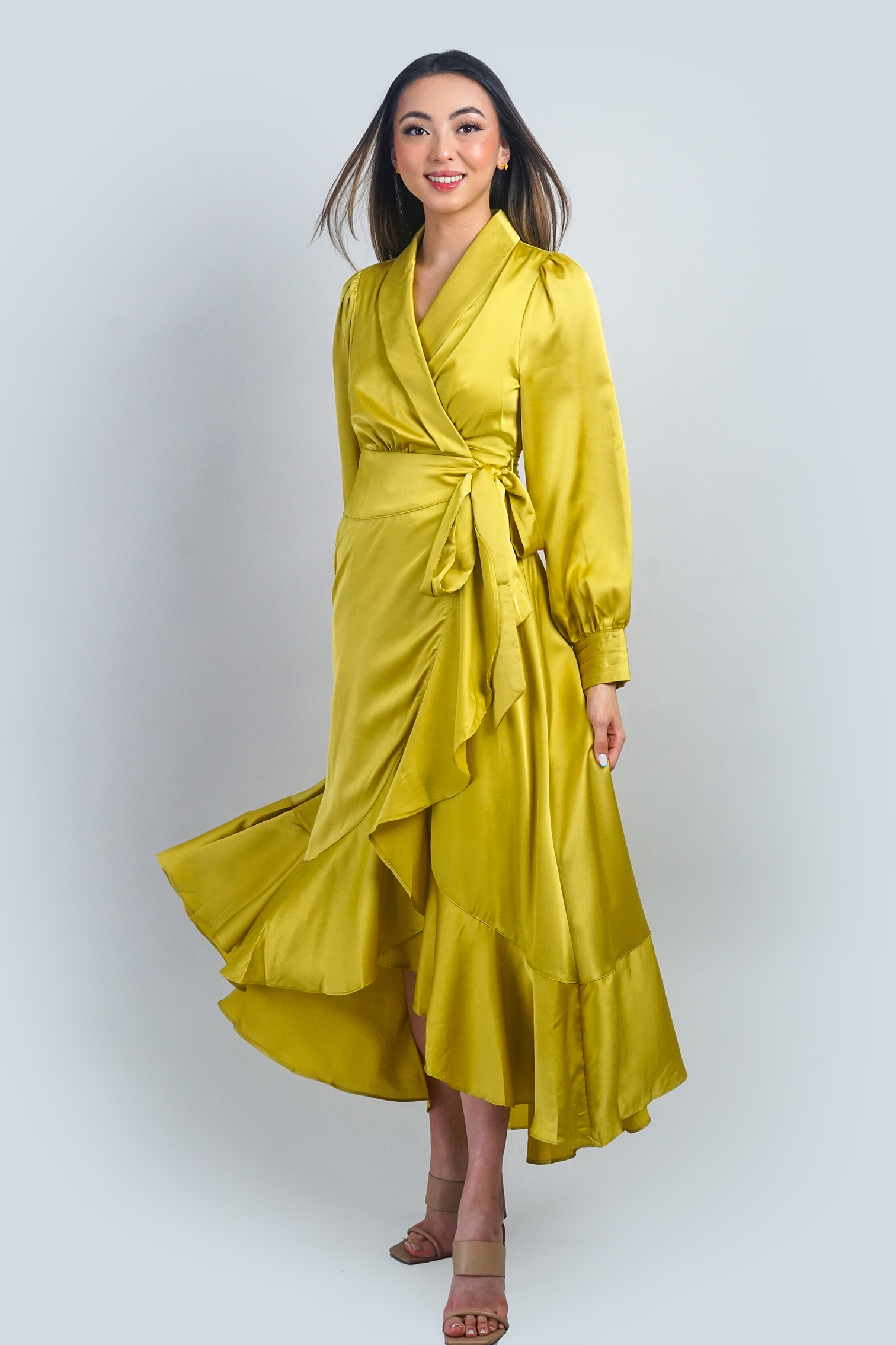 Mustard Shawl Collar Satin Wrap Dress