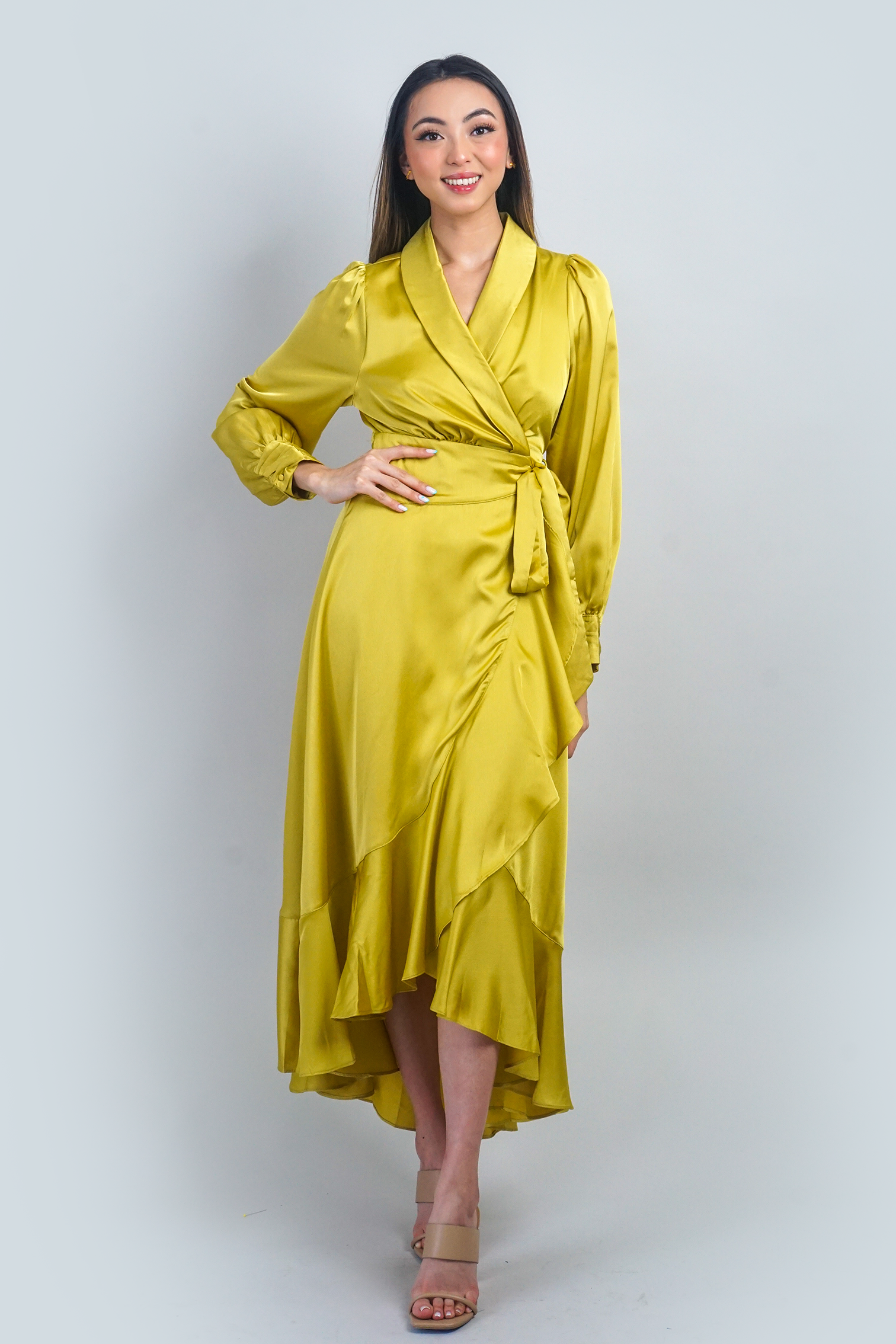 Mustard Shawl Collar Satin Wrap Dress