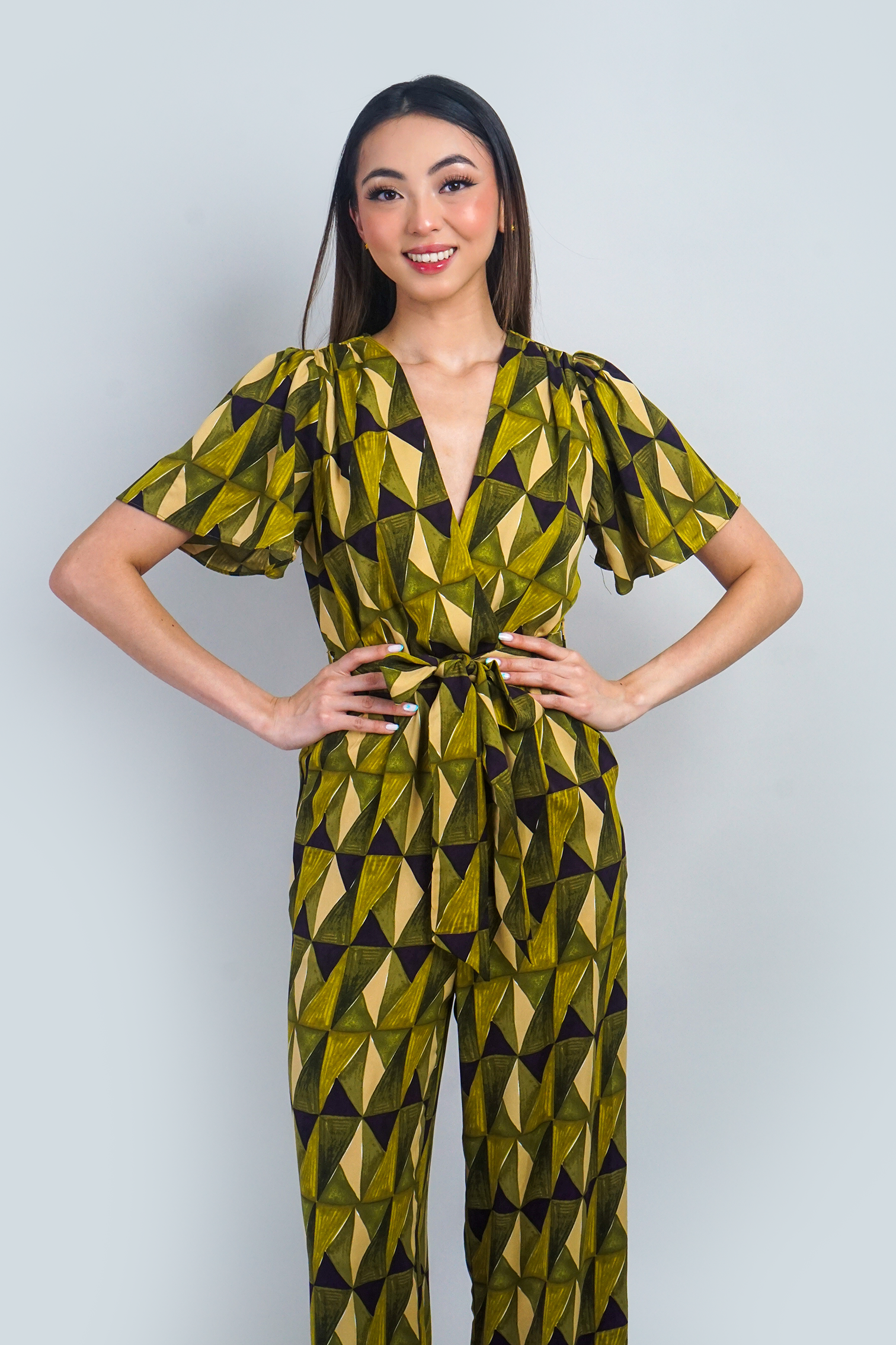 Citron Green Abstract Print Flutter Sleeve Jumpsuit