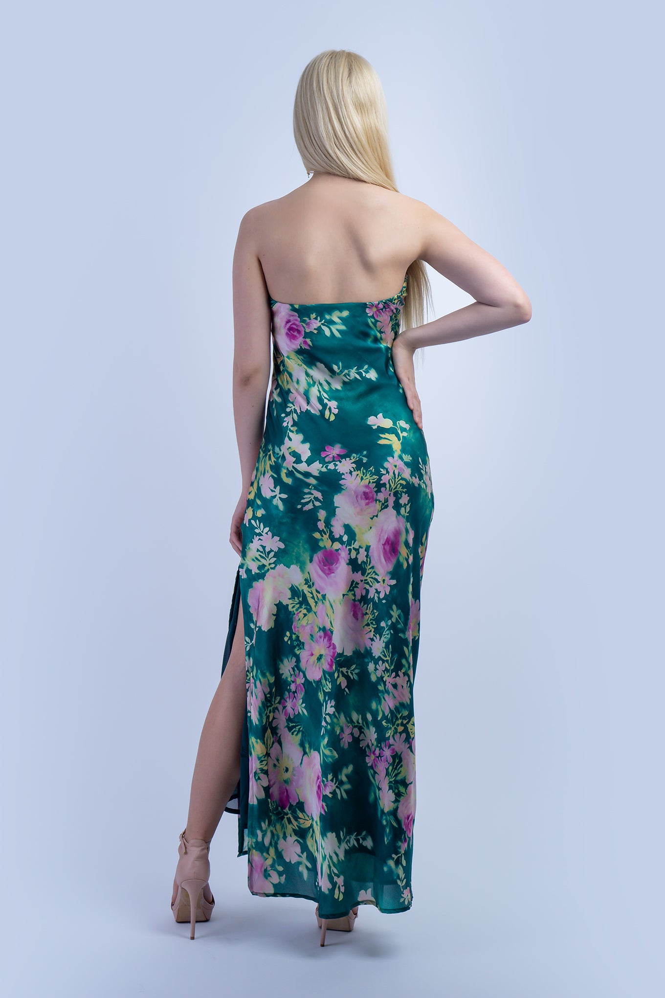 Green and Pink Floral Strapless Bias Dress