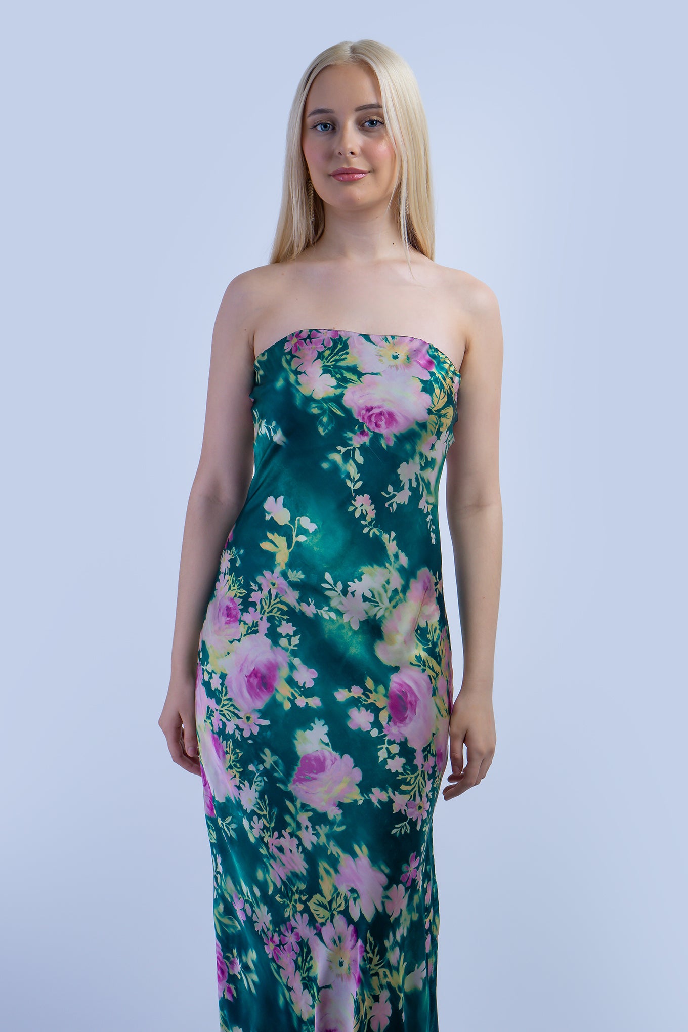 Green and Pink Floral Strapless Bias Dress