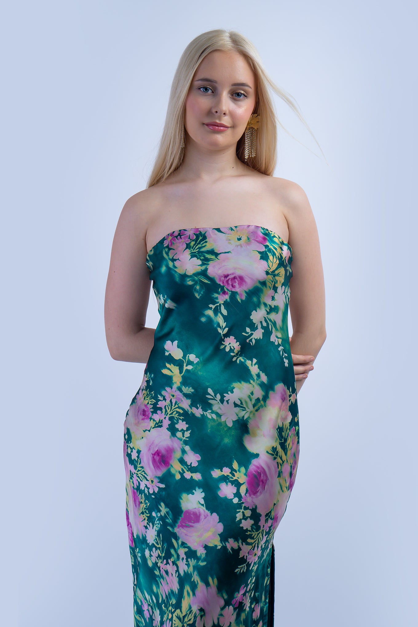 Green and Pink Floral Strapless Bias Dress