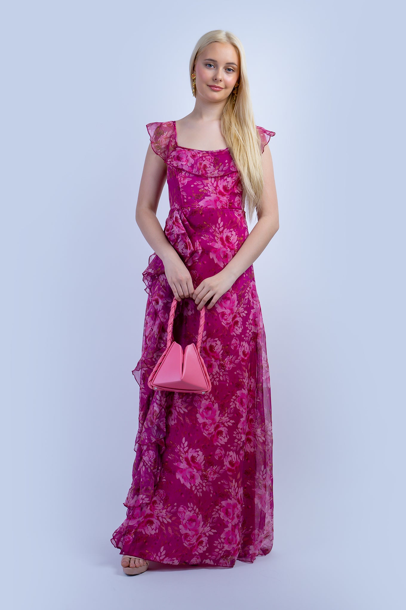 Pink Floral Ruffle U Neck Gown