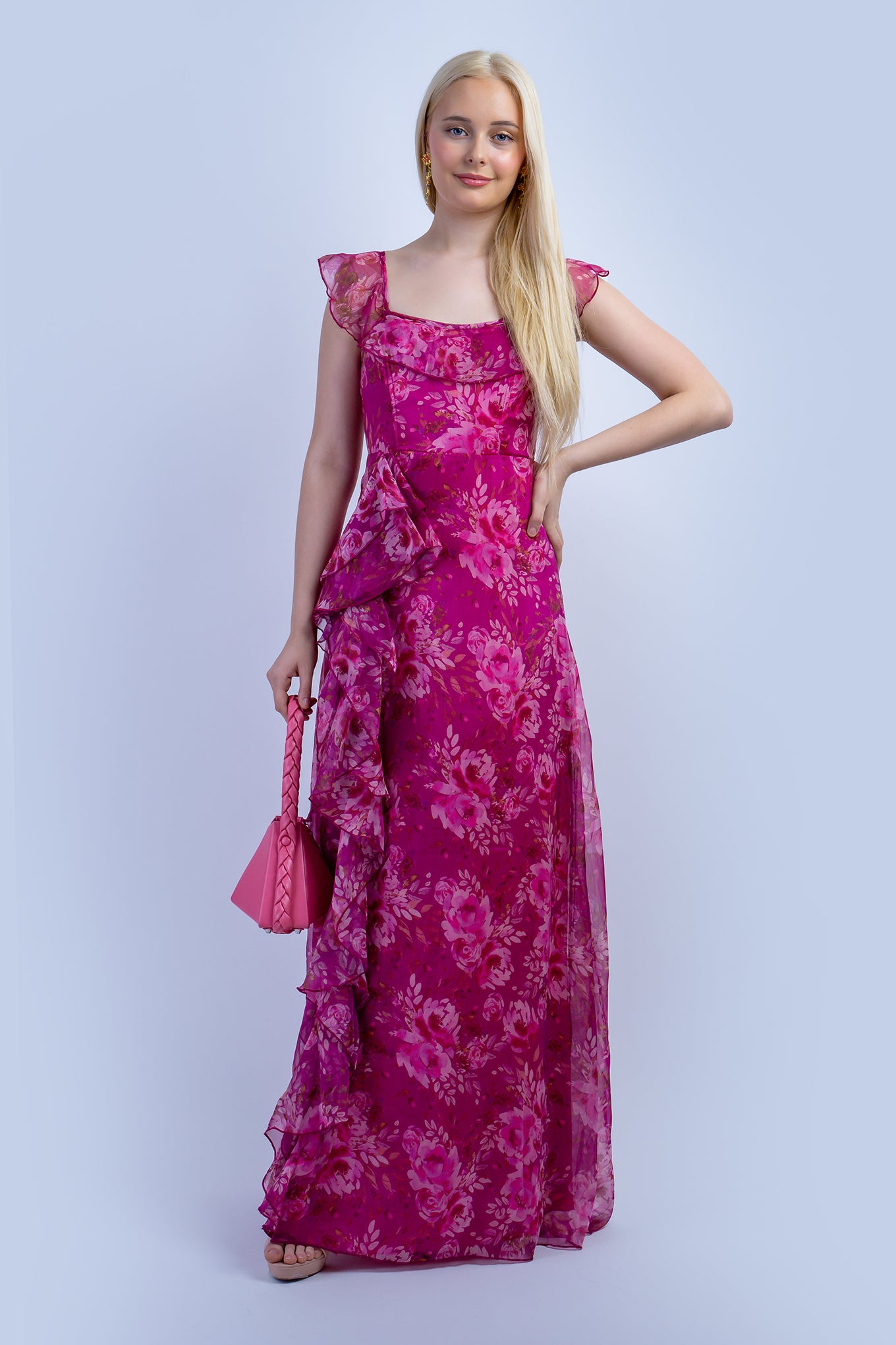 Pink Floral Ruffle U Neck Gown