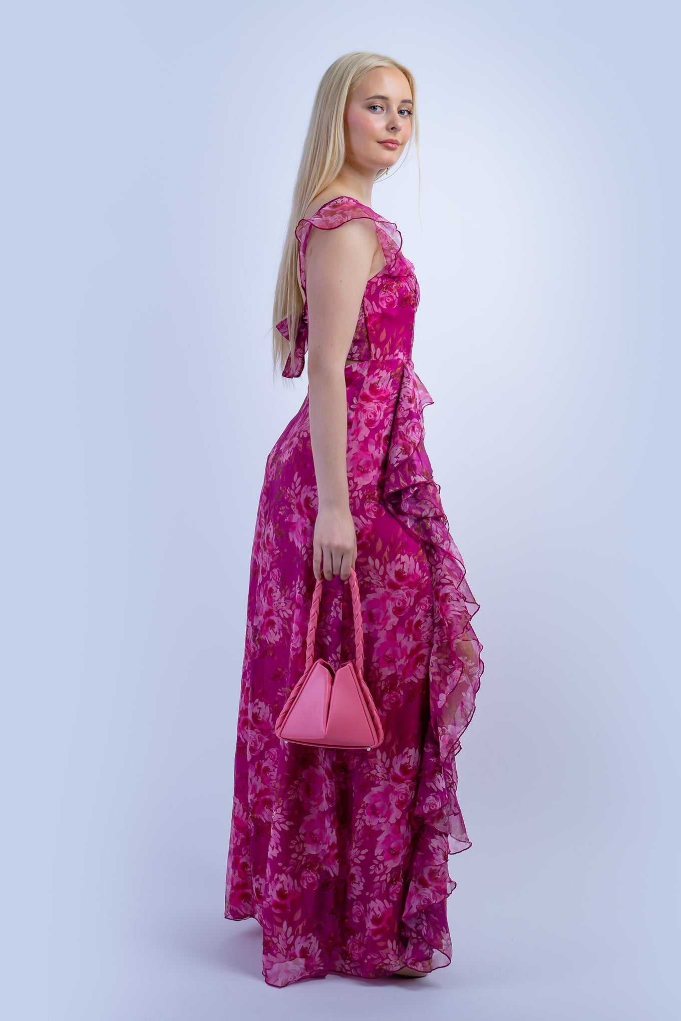 Pink Floral Ruffle U Neck Gown