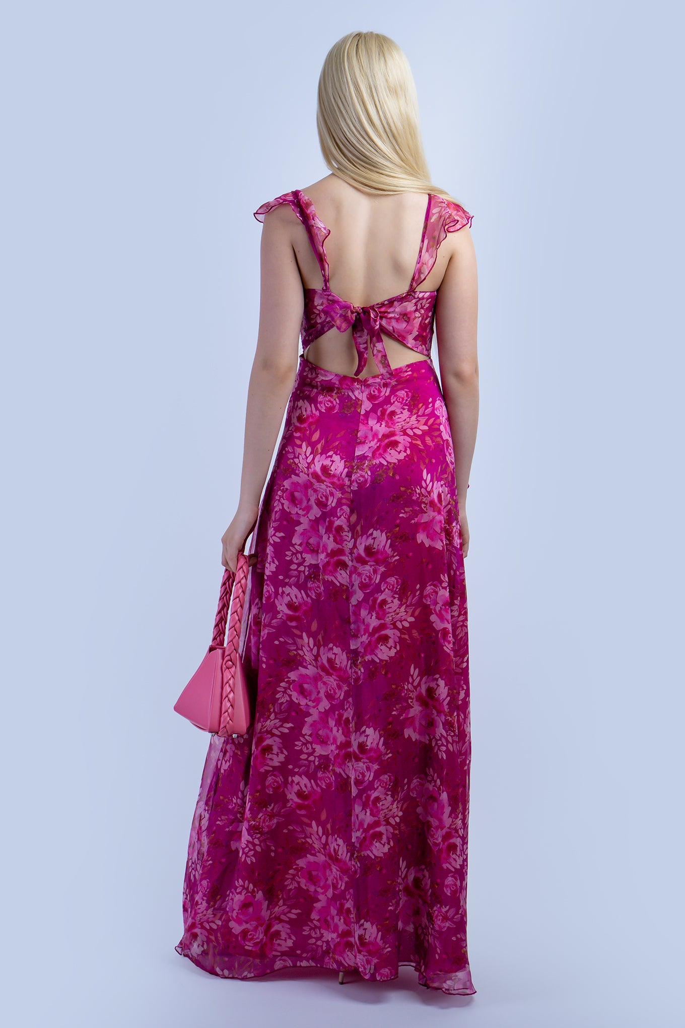 Pink Floral Ruffle U Neck Gown