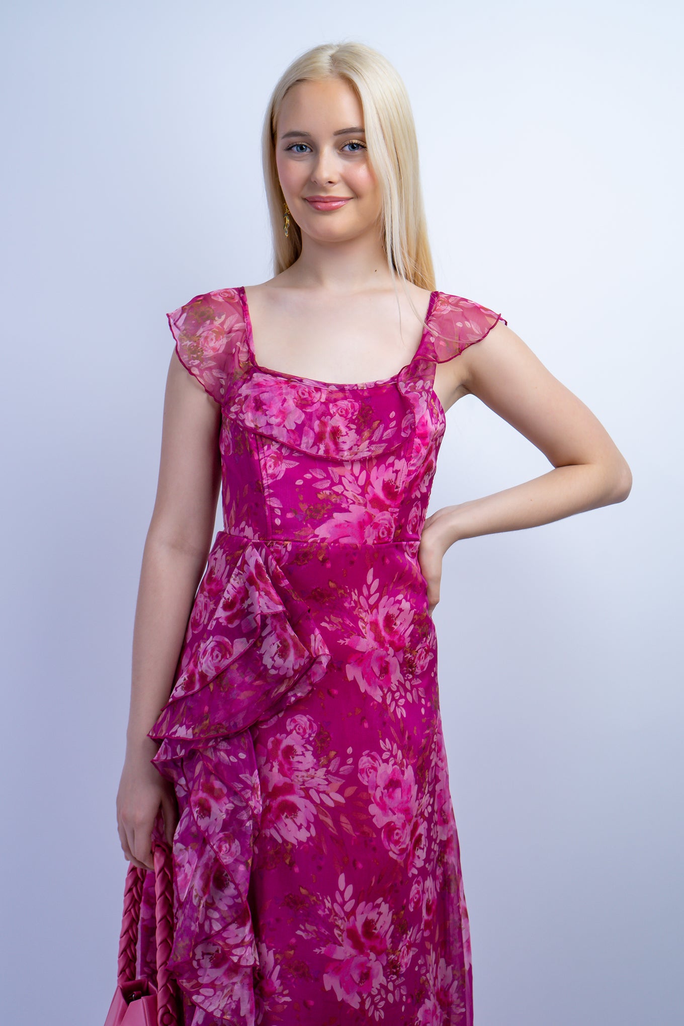 Pink Floral Ruffle U Neck Gown