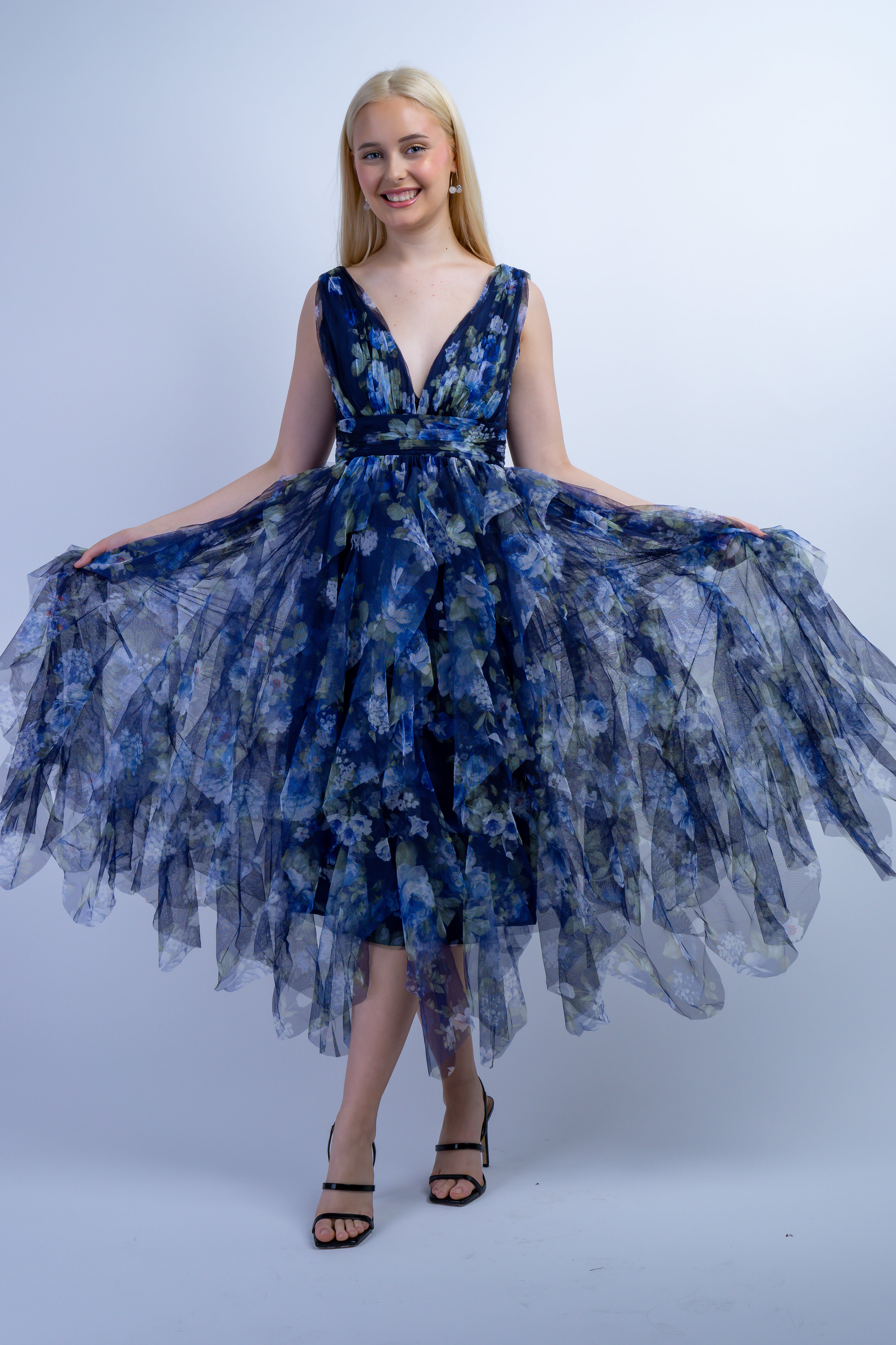 Blue Green Floral Tulle V Dress