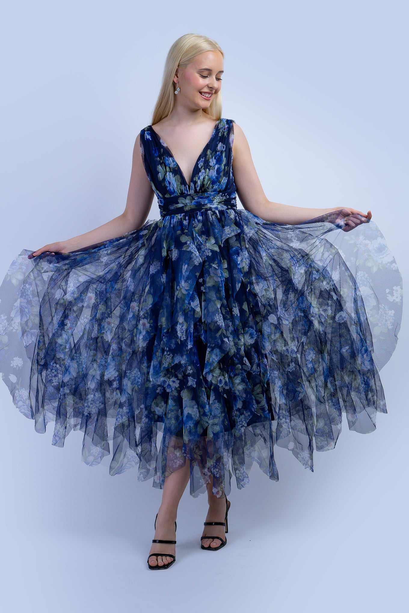 Blue Green Floral Tulle V Dress