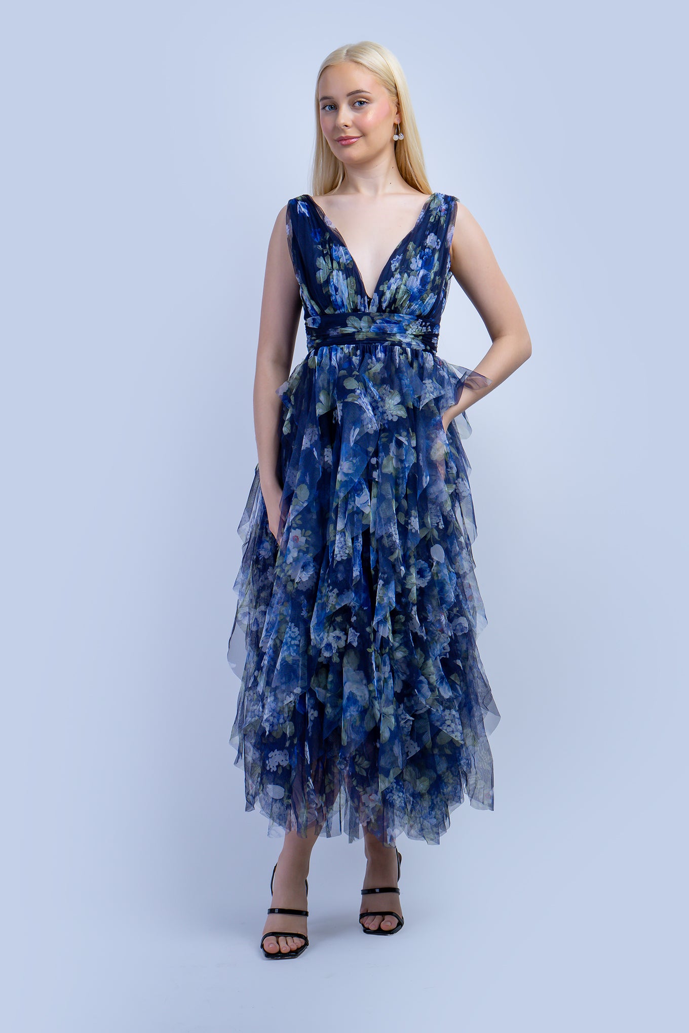 Blue Green Floral Tulle V Dress