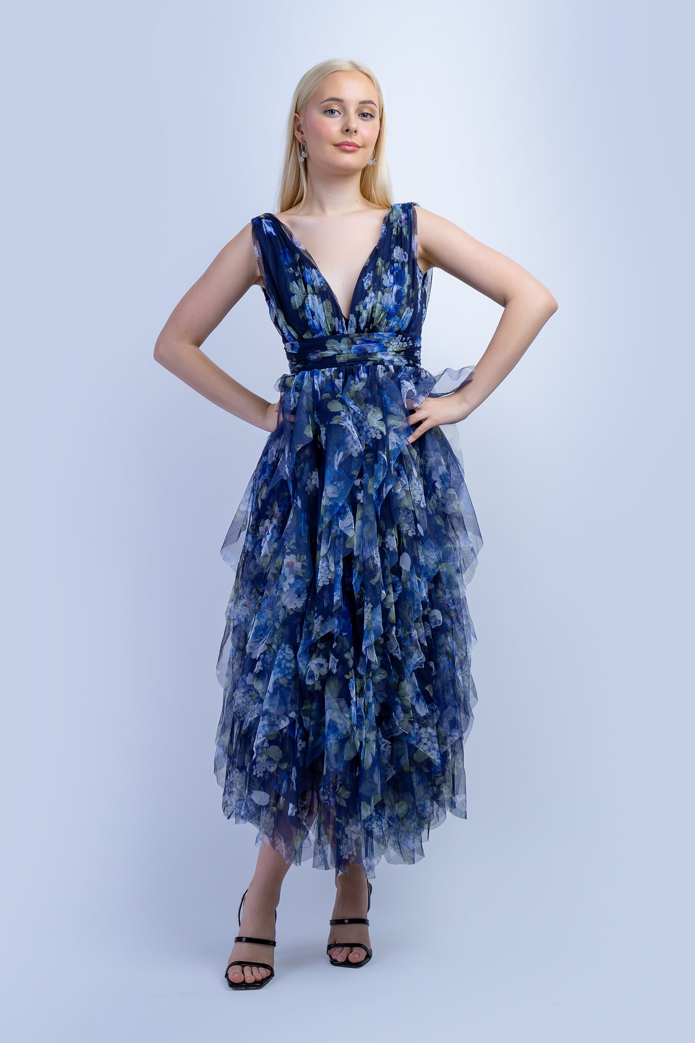 Blue Green Floral Tulle V Dress