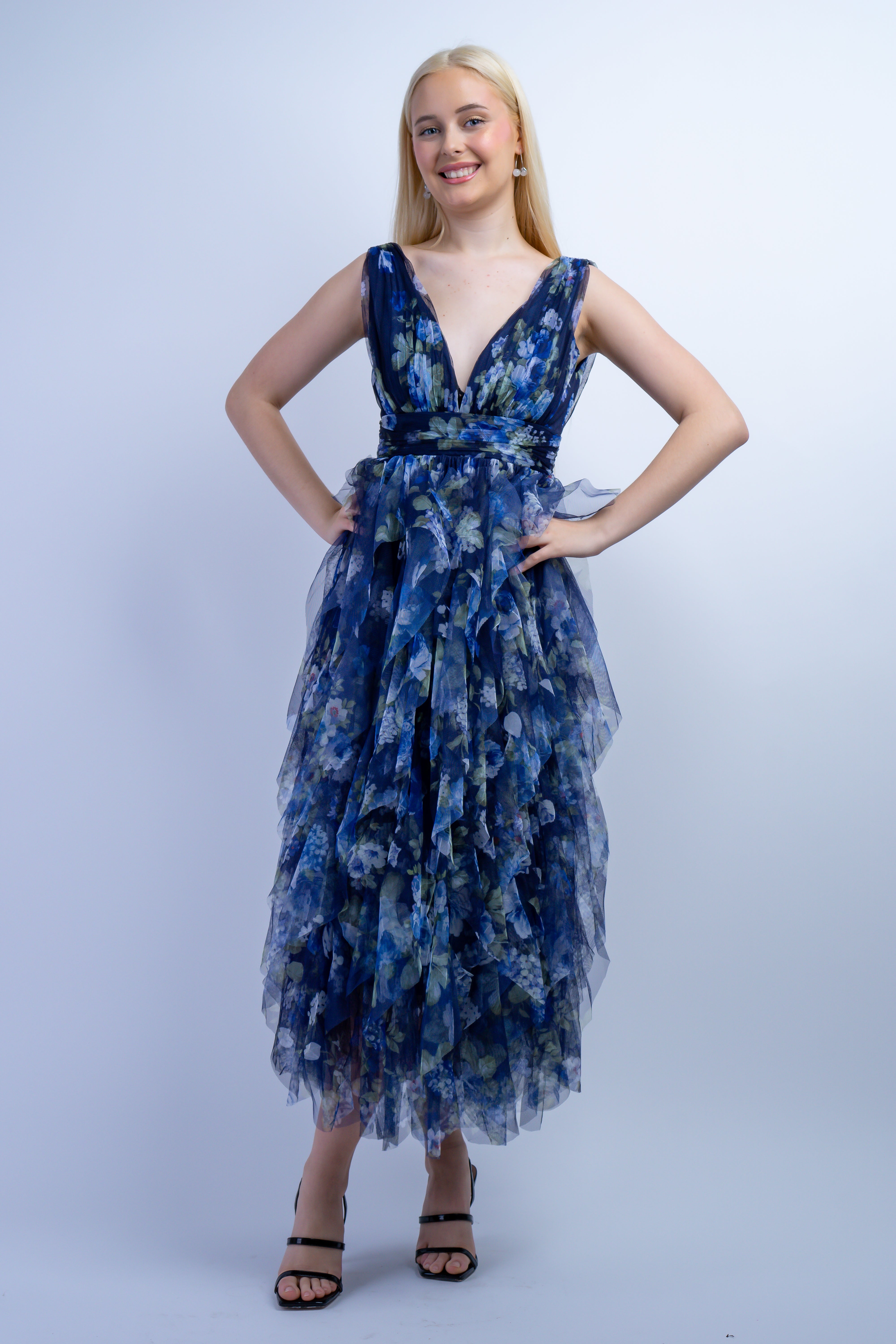 Blue Green Floral Tulle V Dress