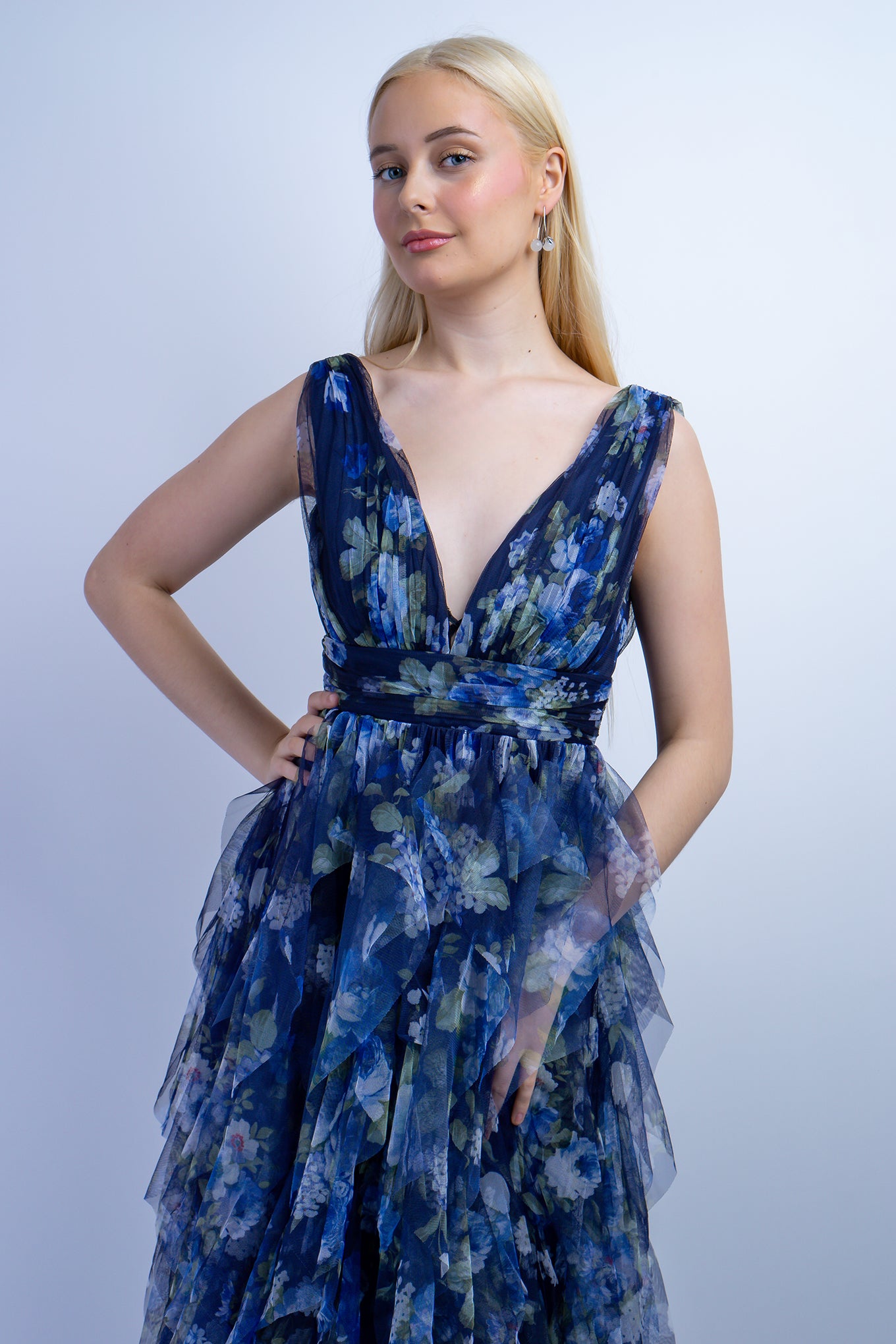 Blue Green Floral Tulle V Dress