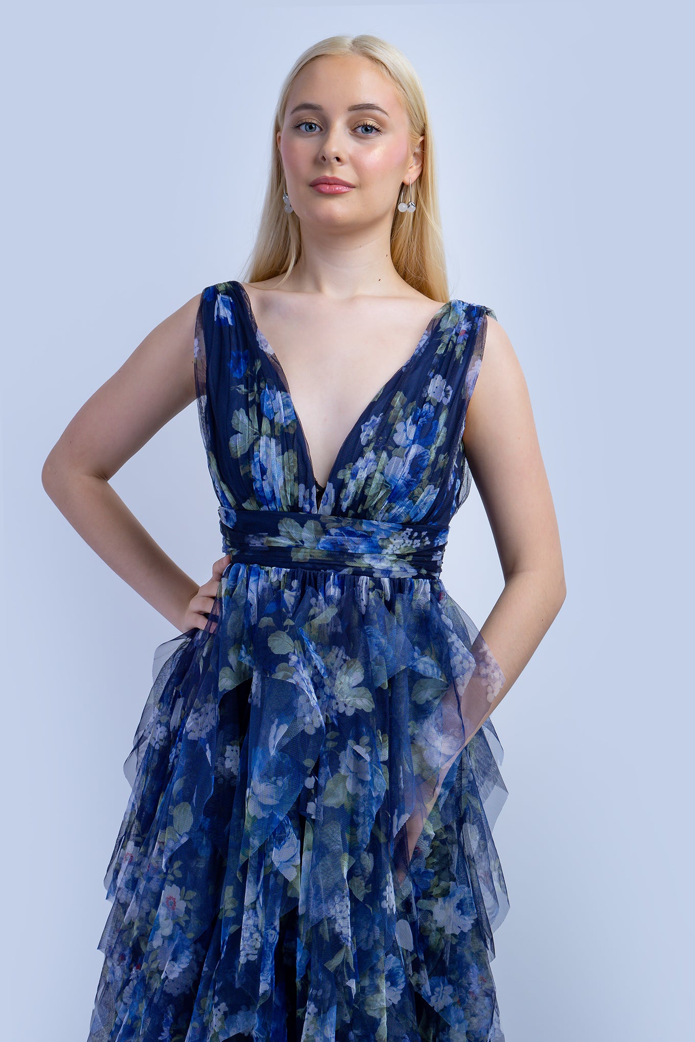 Blue Green Floral Tulle V Dress