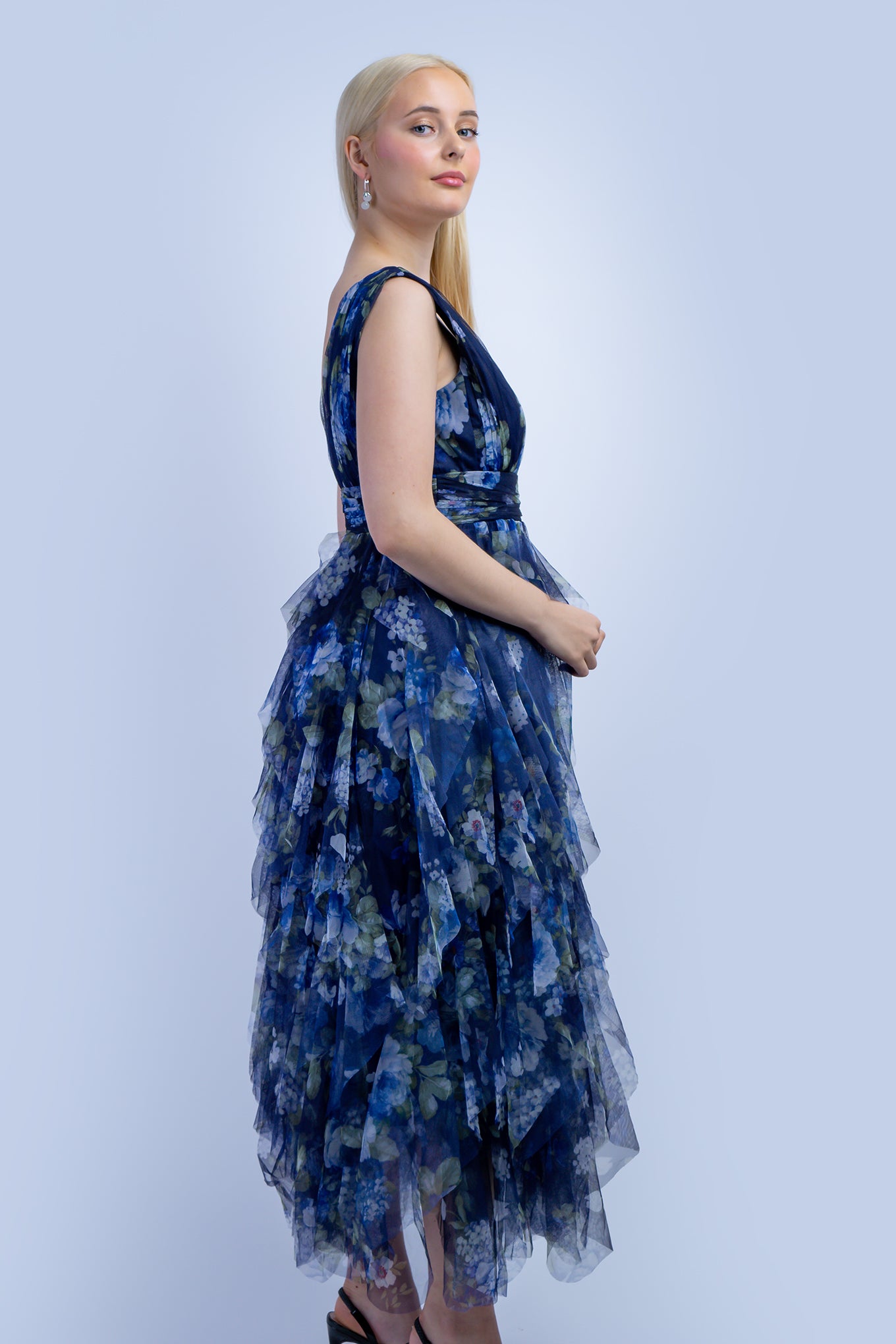 Blue Green Floral Tulle V Dress