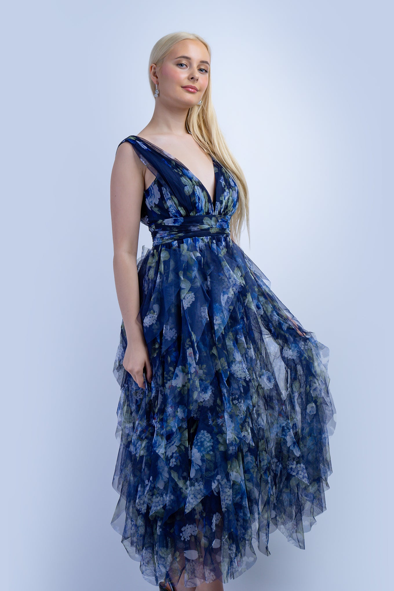 Blue Green Floral Tulle V Dress