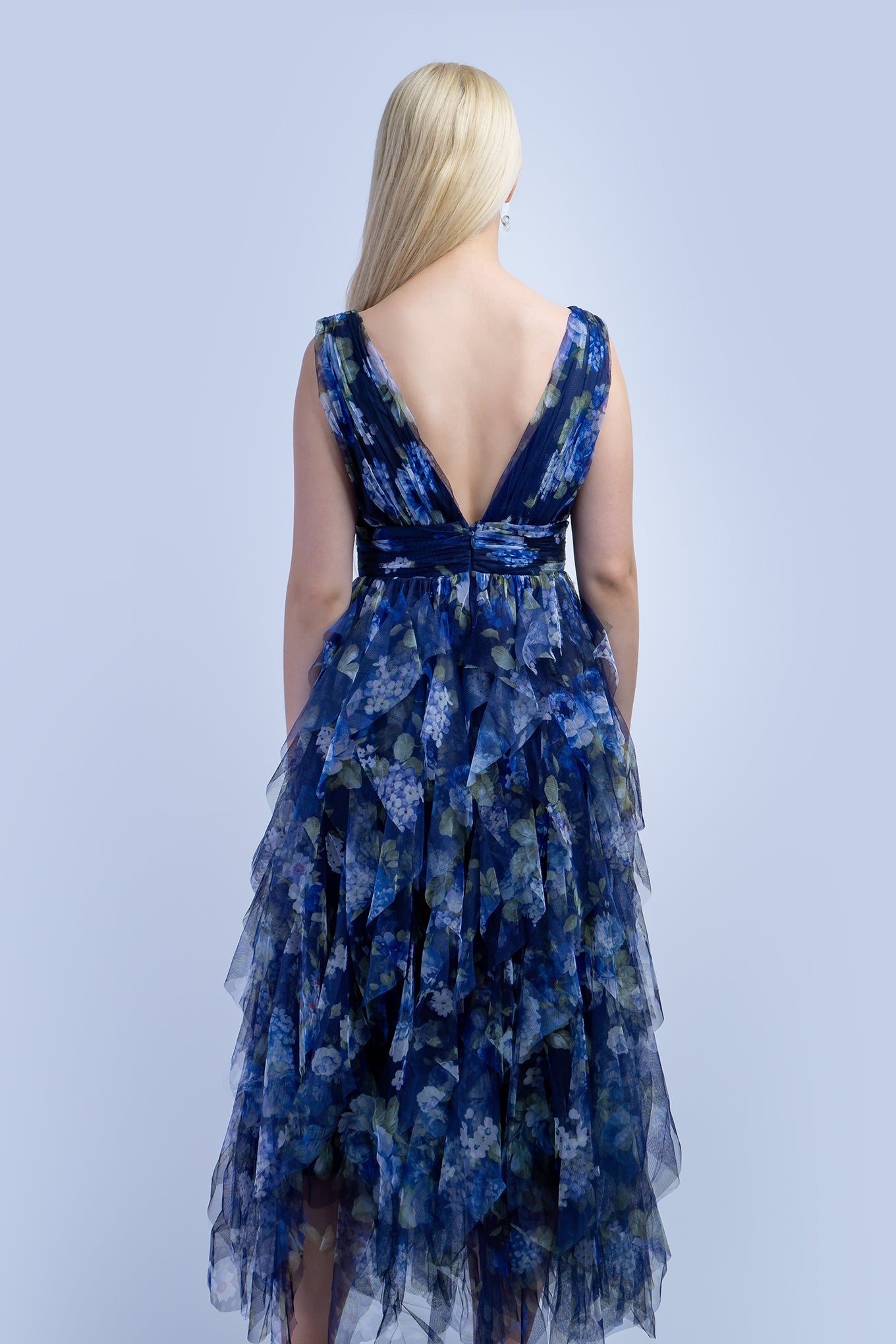 Blue Green Floral Tulle V Dress