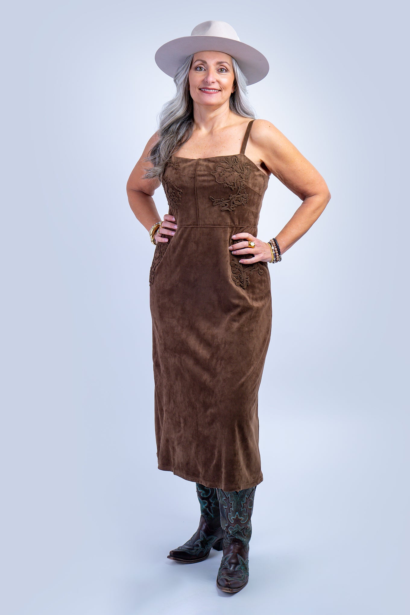 Brown Suede Embroidered Midi Dress