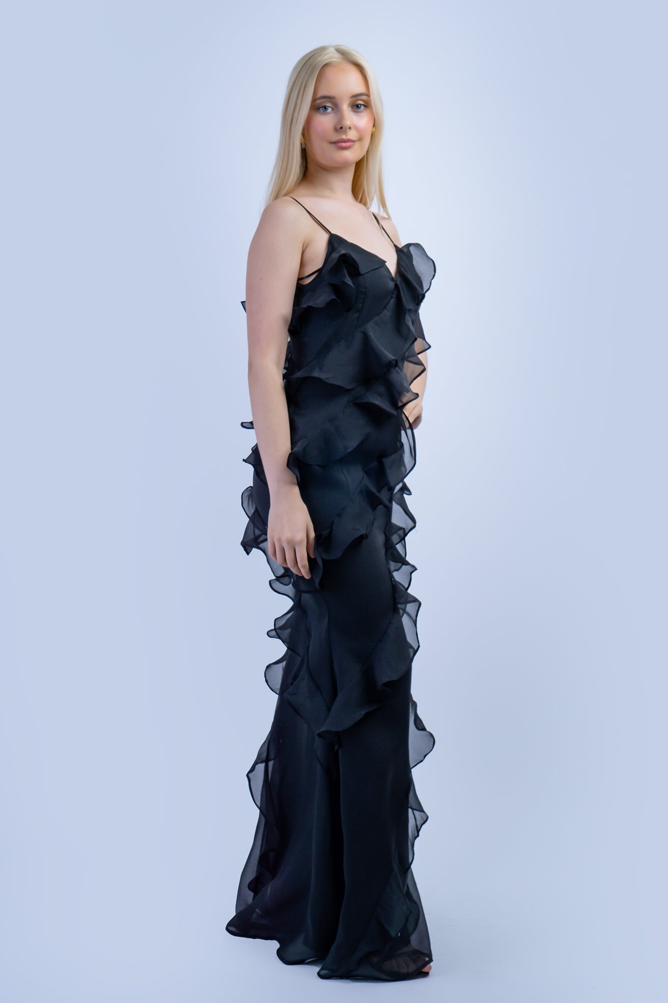 Black Spiral Ruffle Chiffon Gown