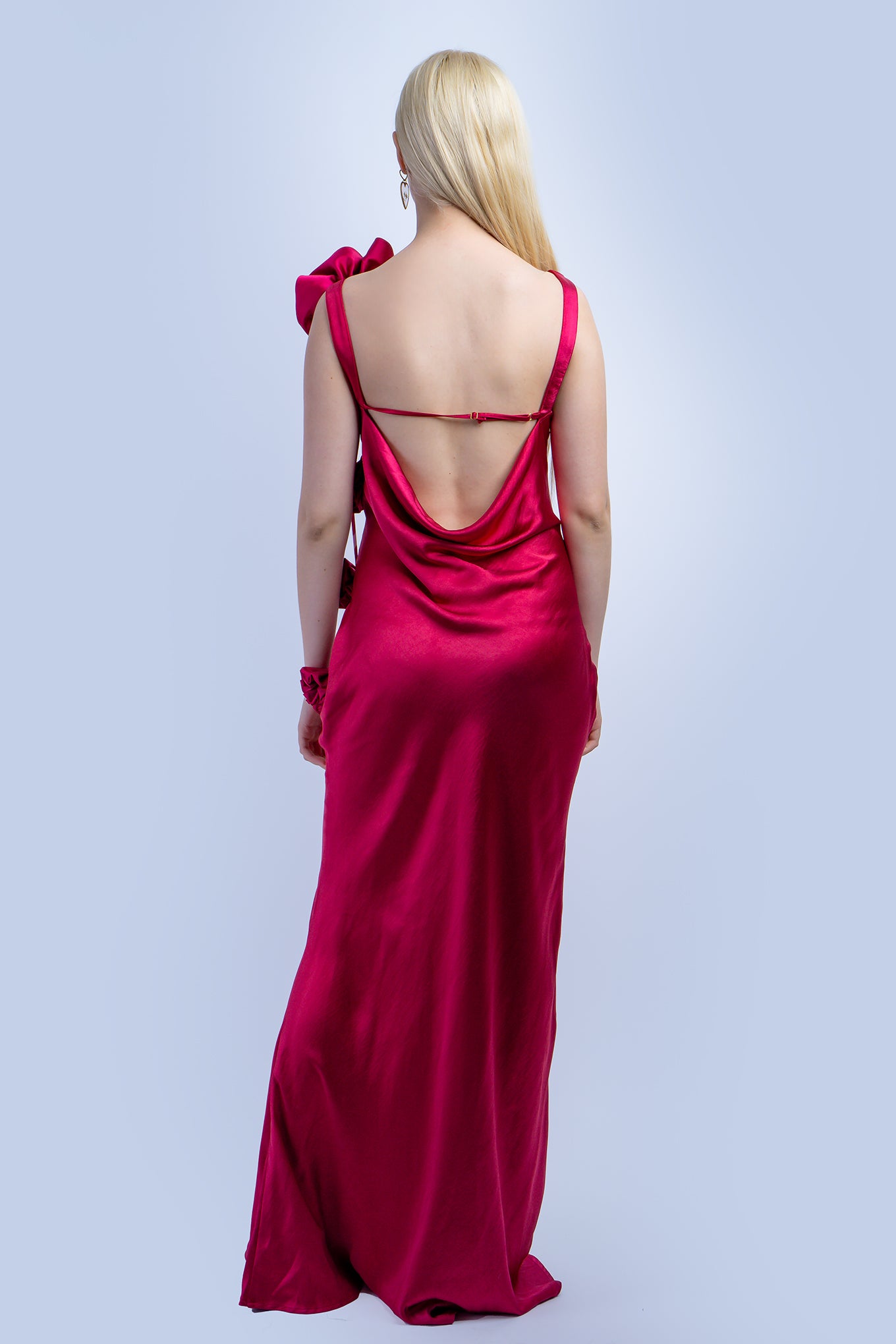 Berry Bateau Flowers Back Cowl Gown